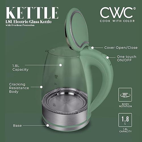 Miniatura 8 de COOK WITH COLOR Hervidor eléctrico de vidrio 1.8L - Hervidor rápido, diseño elegante y características de seguridad - Perfecto para rápido y fácil,
