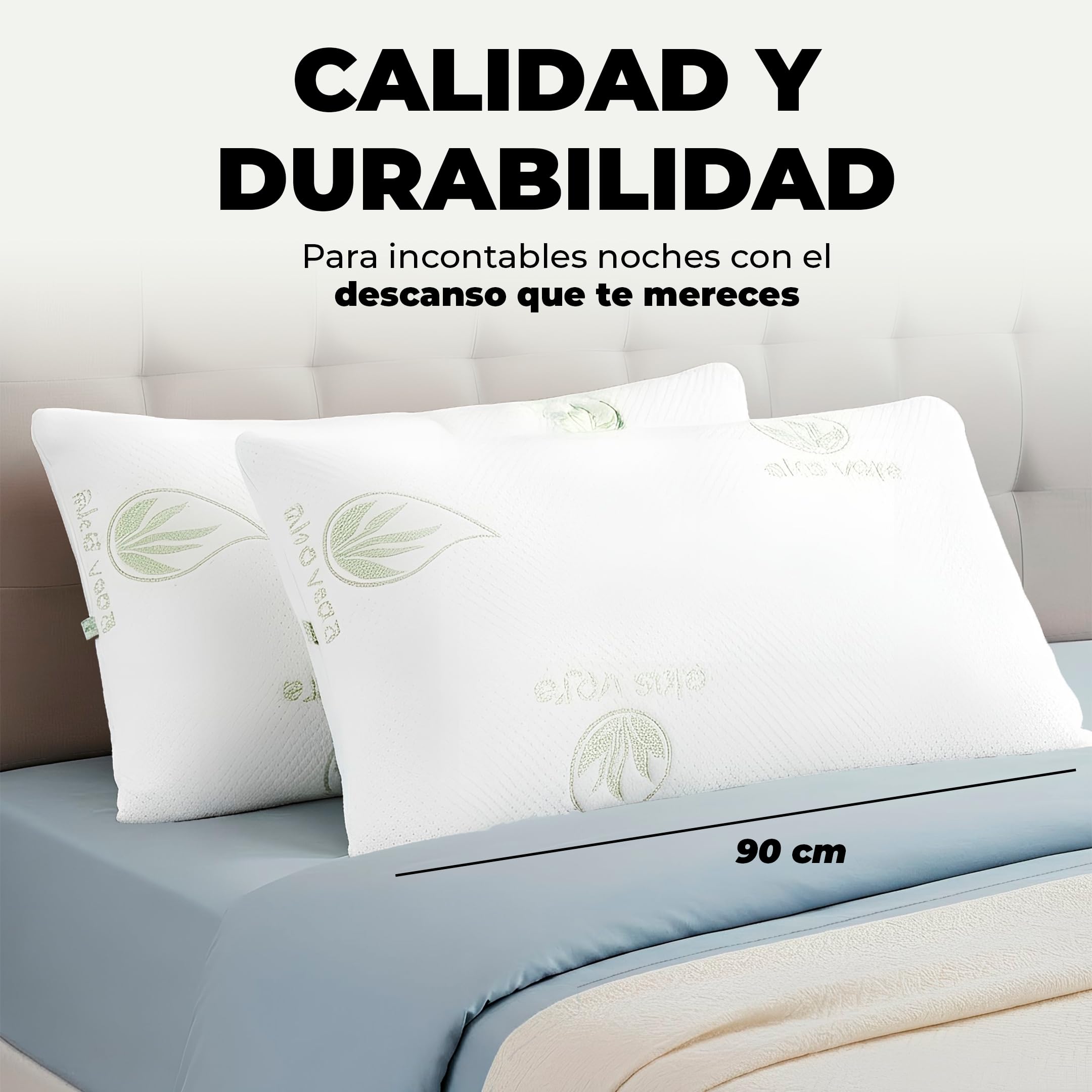 Aznar Pack 2 Almohadas Viscoelásticas Copos Aloe Vera Altura 15 Cm Firmeza Media Transpirable Antibacteriana Descanso Cervical Cómodo Funda Cremallera Tejido Suave Ergonómica Postura Natural 90 cm