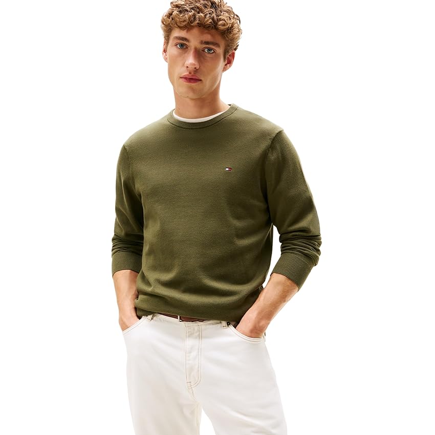 Tommy Hilfiger Uomo Pullover Essential Cotton con Scollo Rotondo, Verde (Huntsman Green), L