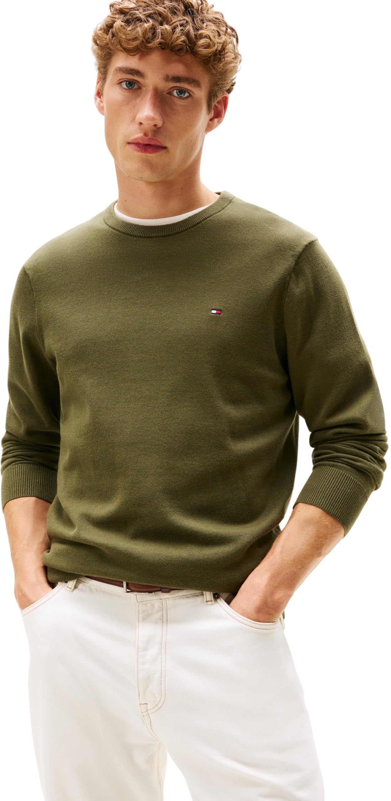 Tommy Hilfiger Men’s Essential Cotton Round Neck Jumper, Green (Huntsman Green), XS