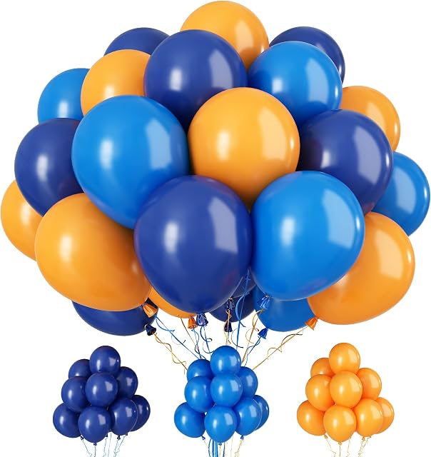 Paready Blue Orange Balloons, 30 Pcs 12 Inch Navy Blue and Orange Latex Balloons with Ribbons for Boys Birthday Baby Shower Company Events Wedding Bridal Shower Graduation Festival Decoration