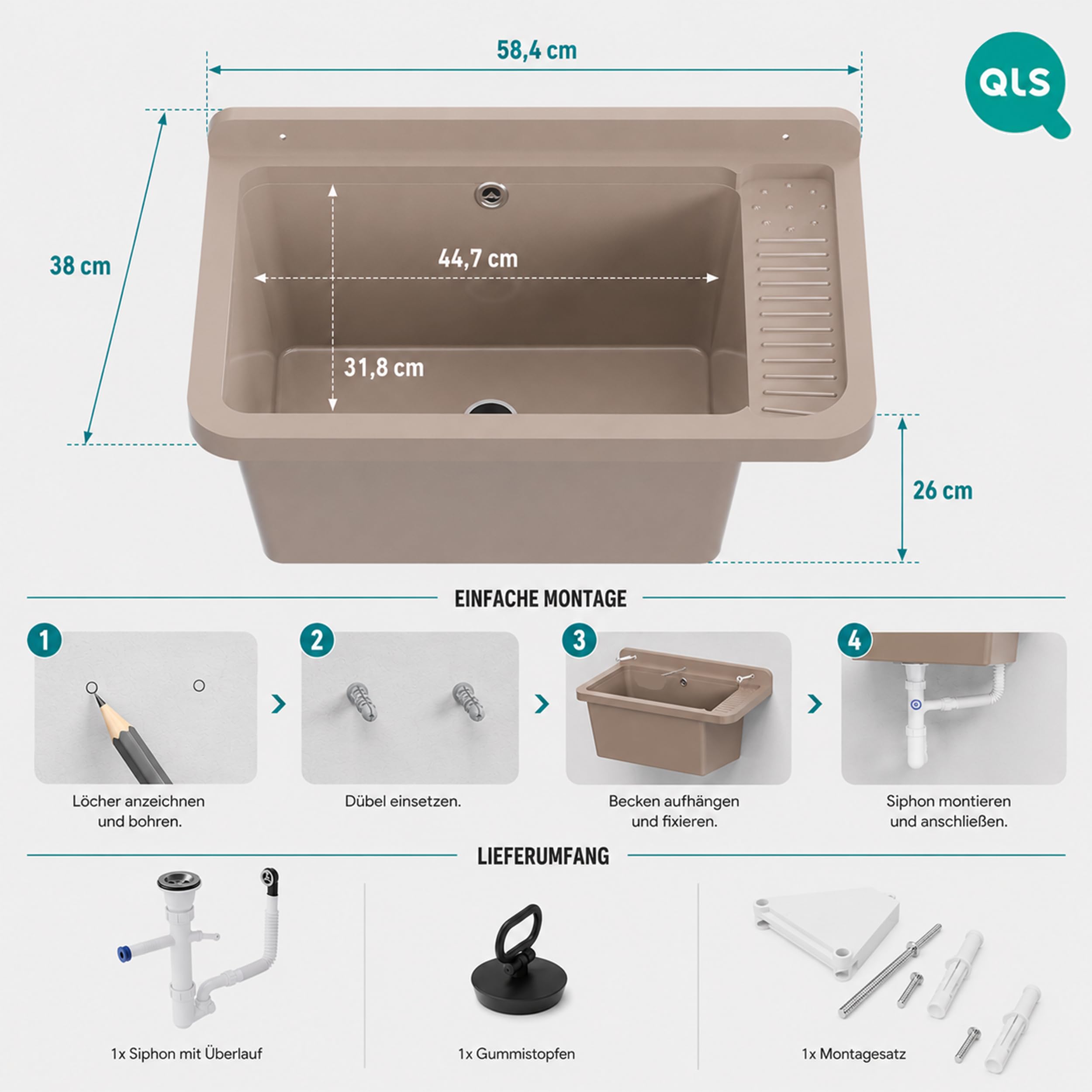 Cuenca de desagüe Fregadero Lavabo Lavadora Exterior para Jardín, Garaje, Bodega, Cocina, Taller Gran Cuenca (Beige)