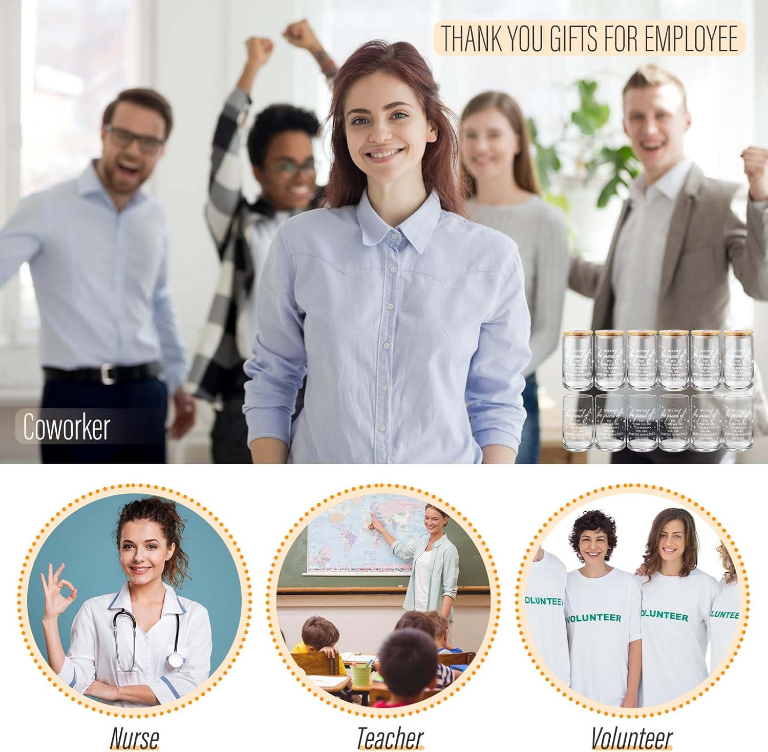 Nuanchu 12 Pack Employee Appreciation Gifts Bulk Glass Cups with Bamboo Lids and Straws, Staff Thank Gifts for Social Worker Coworkers Team Teacher Office Presents(May You Be Proud of the Work You Do)