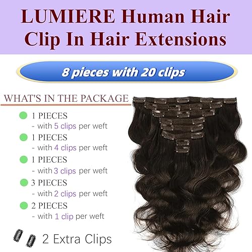Miniatura 2 de LUMIERE Yaki - Extensiones de cabello humano lacio con clip, cabello humano real rizado grado 10A, cabello Remy brasileño 10A, 8 piezas con 20