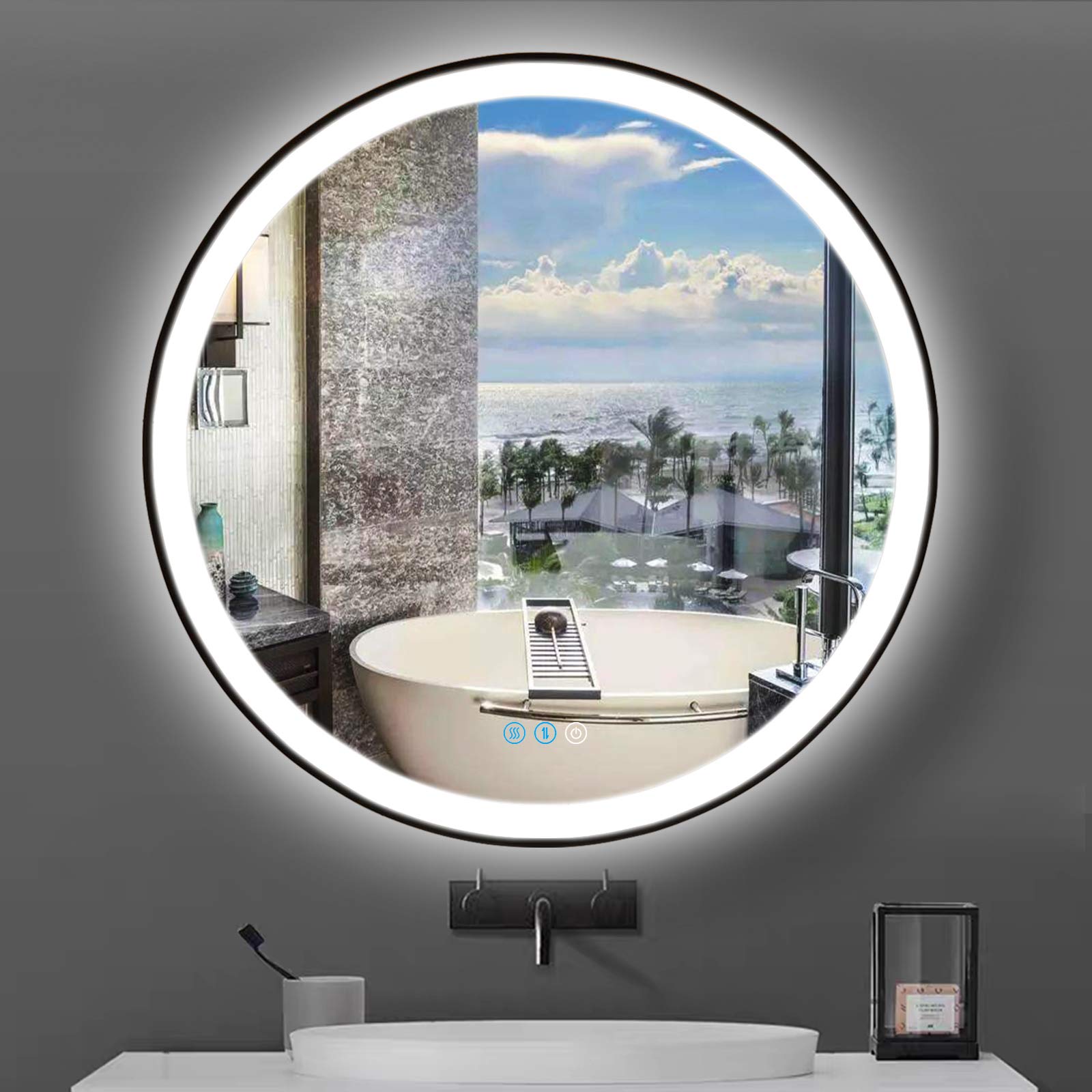 THEKLA Black Round Bathroom LED Mirror with Black Frame 600mm Round Lighted Mirrors for Bathroom Wall LED Circle Vanity Mirror with Lights 60cm Memory 3 Color Dimmable FrontLight Anti-Fog