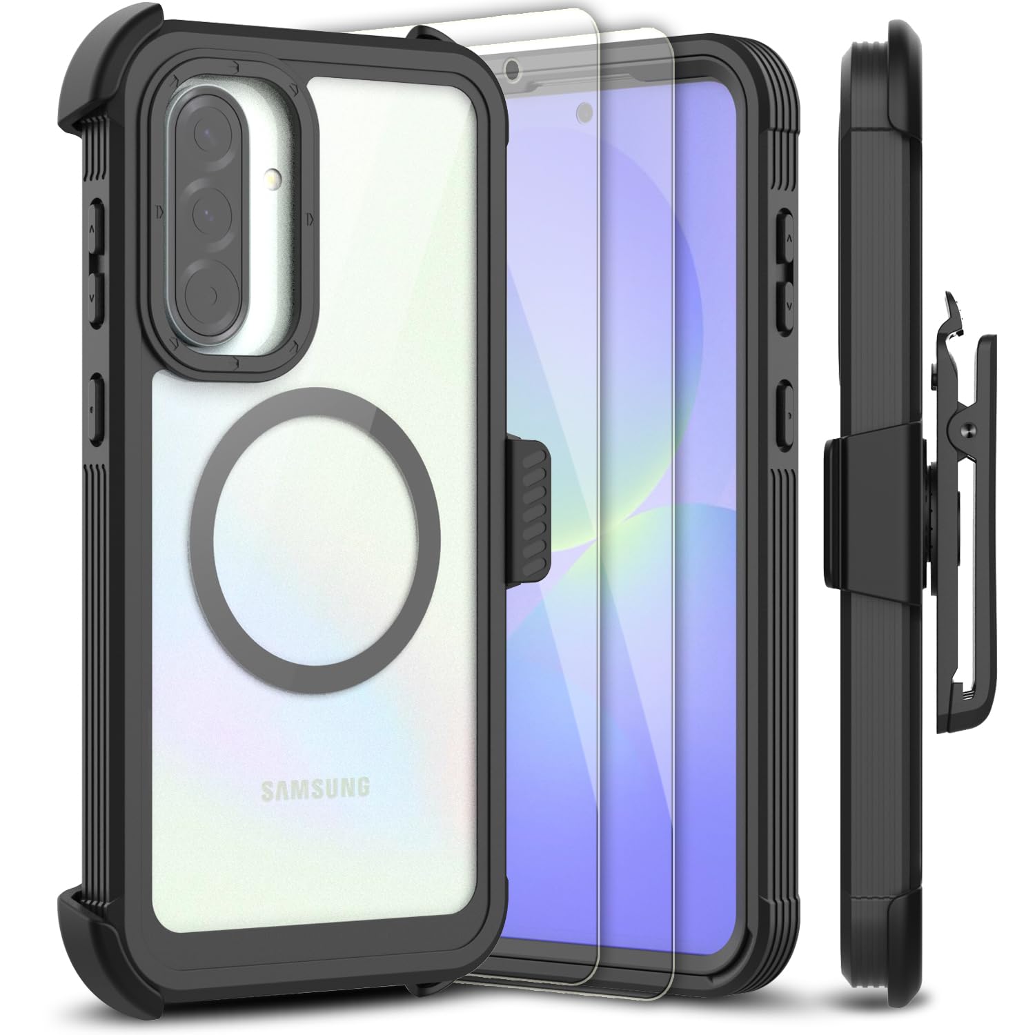 Leptech for Samsung Galaxy A36 5G Case, [Transparent & Holster Series] Belt Clip Full Body Shockproof Protective Cell Phone Cover with 2 Pack Tempered