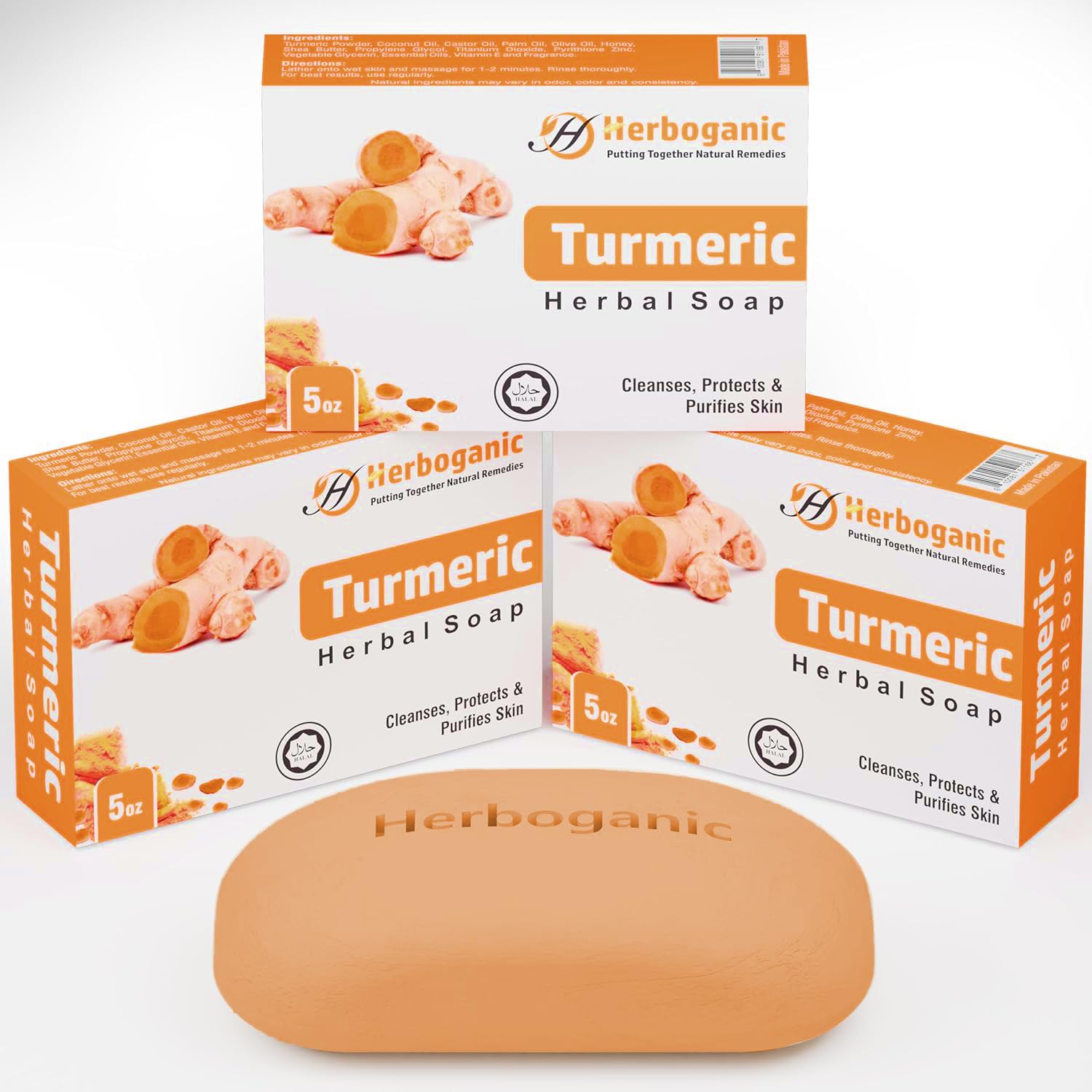 HERBOGANIC Turmeric Herbal Soap | Pack of 3 of 5oz soap Bar | Natural Bar Soap for Face and Body | Hydrating and Nourishing | Suitable for Men and Women