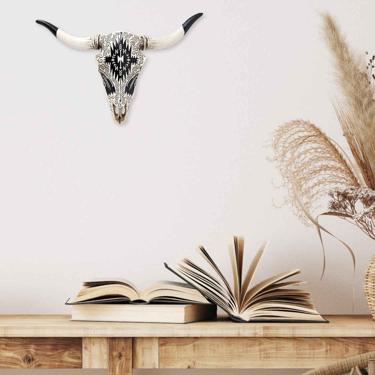 BestGiftEver Faux Bull Skull Wall Decor with Tribal Pattern – Rustic Western Steer or Bison Skull Wall Art Sculpture – Southwestern Boho Farmhouse Resin Decor for Home, Cabin, or Office