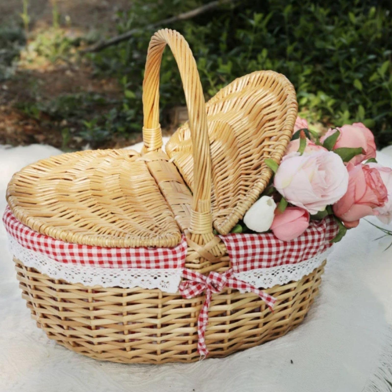 Cestino da picnic con fodera, cestino da picnic in vimini con coperchio, stile vintage, grande cestino intrecciato con doppi manici pieghevoli, per campeggio, San Valentino, ringraziamento (35 x 25 x
