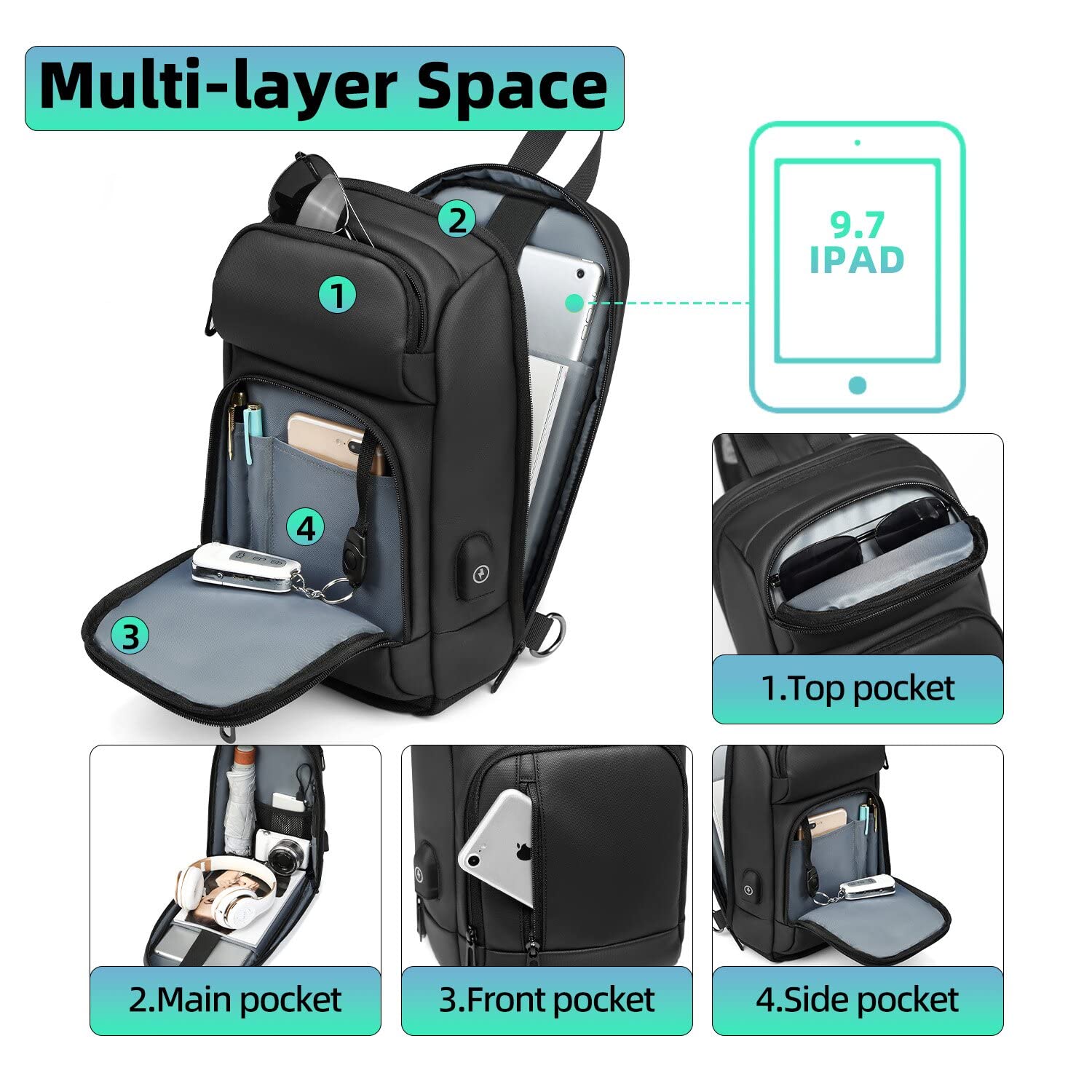 Zaino Monospalla Uomo con USB Borsa per 9,7" Tablet Marsupio Impermeabile Borsello per Scuola Outdoor Trekking Ciclismo Viaggio-Nero