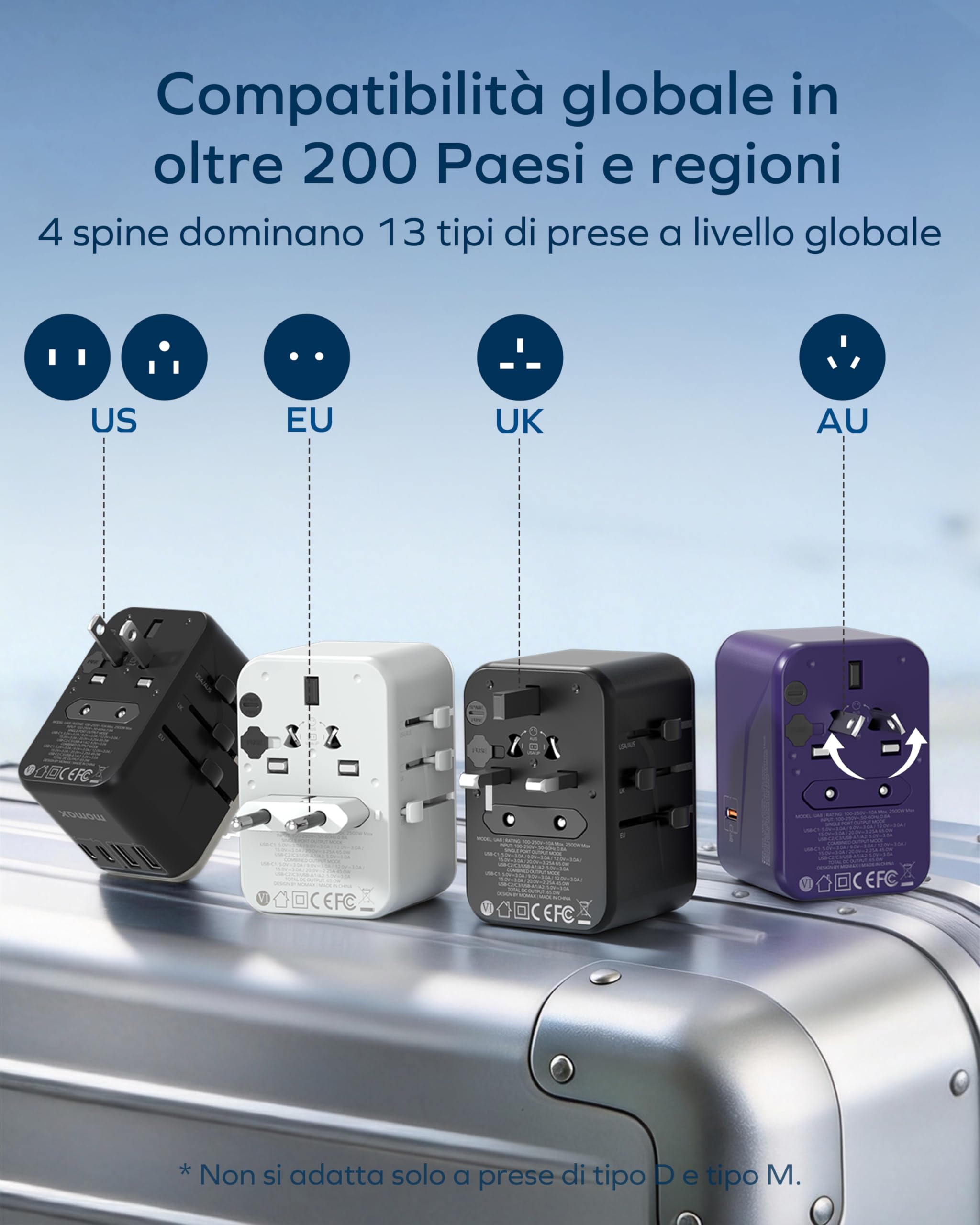 MOMAX Adattatore Universale da Viaggio GaN 70 W, Presa Universale da Viaggio con 3 USB-C e 2 USB-A e 1 AC, Adattatore da Viaggio Italia Inghilterra Germania America Australia e 224+ Paese(Nero)