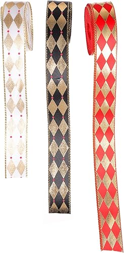 COHEALI 3 Rolls 3 Diamond Pattern Webbing Silk Hair Metallic Ribbon Ribbon Gold Trim Listones para Manualidades Flower Wrapping Ribbon DIY Ribbon