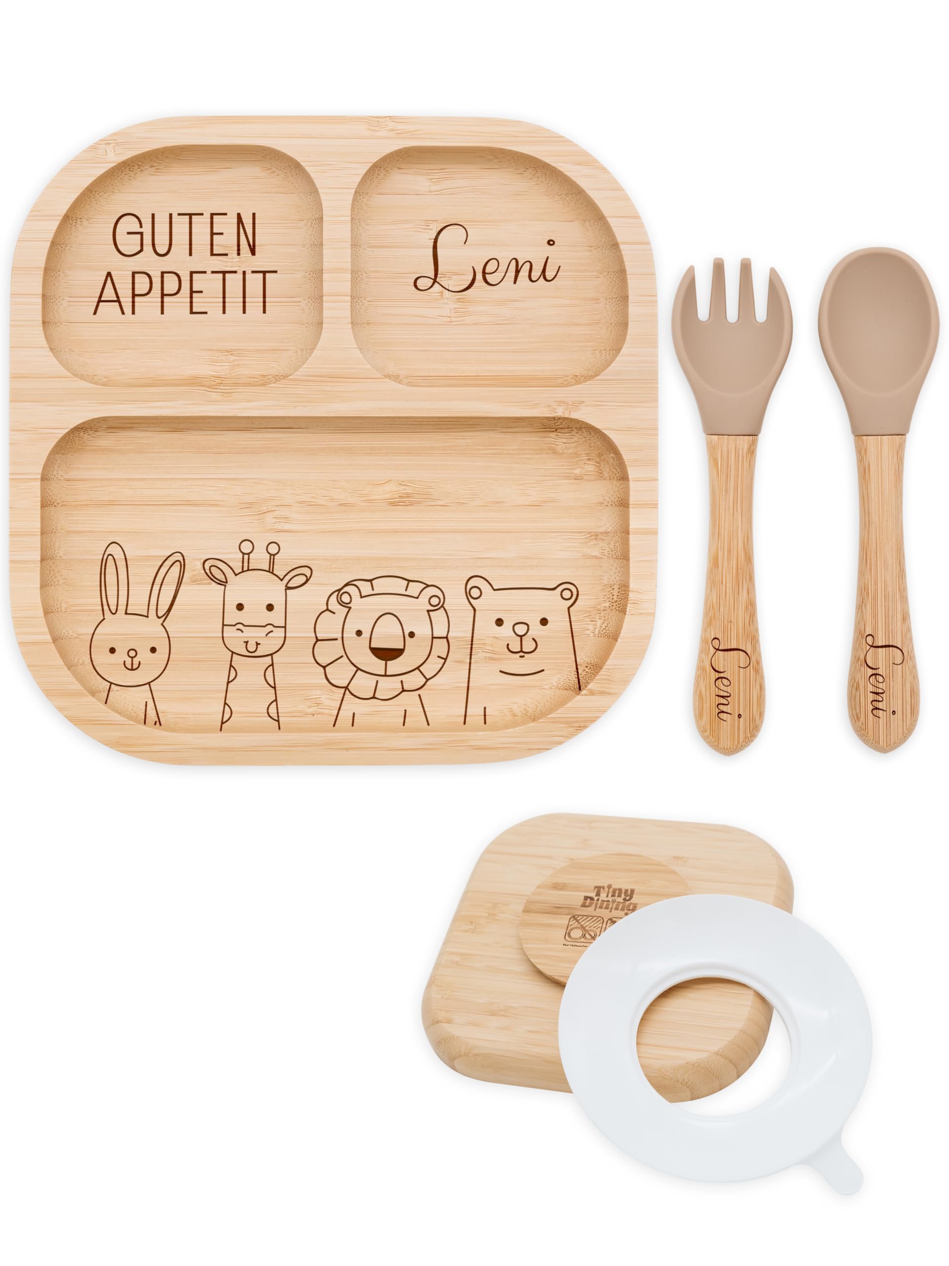 Bärenfreunde - Personalisierter Baby Teller mit Saugnapf - Praktisches Beikost Säugling Zubehör mit Namen - Bambusteller Rutschfest - Personalisierte Geschenke (andere Tiere unten)