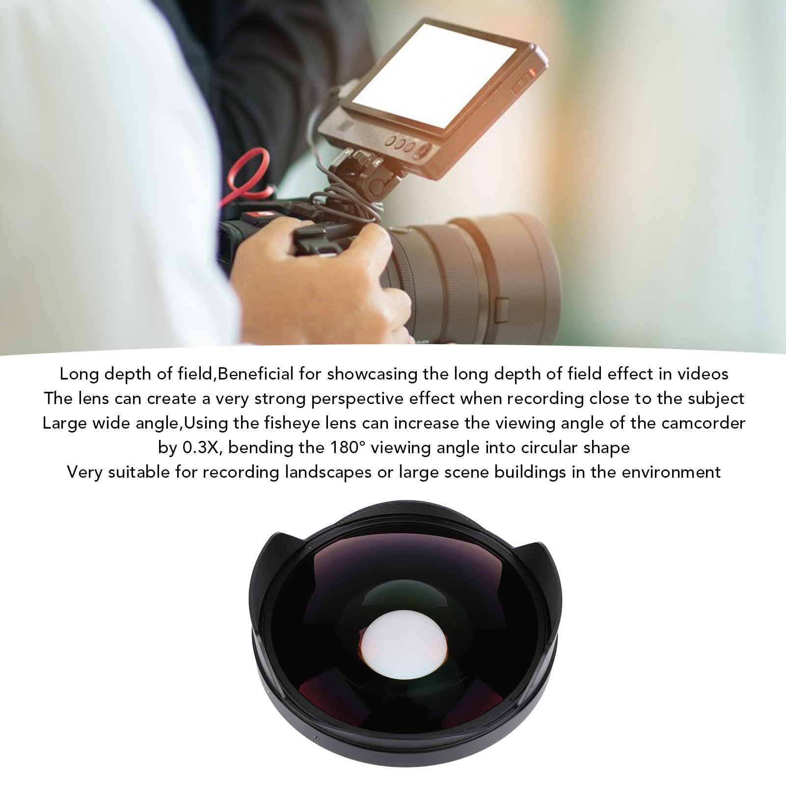 Obiettivo Fisheye 0,3X, Attacco Filettatura da 72 Mm Obiettivo Fisheye Grandangolare con Profondità di Campo Lunga con Paraluce per Videocamera Obiettivo Fotografico