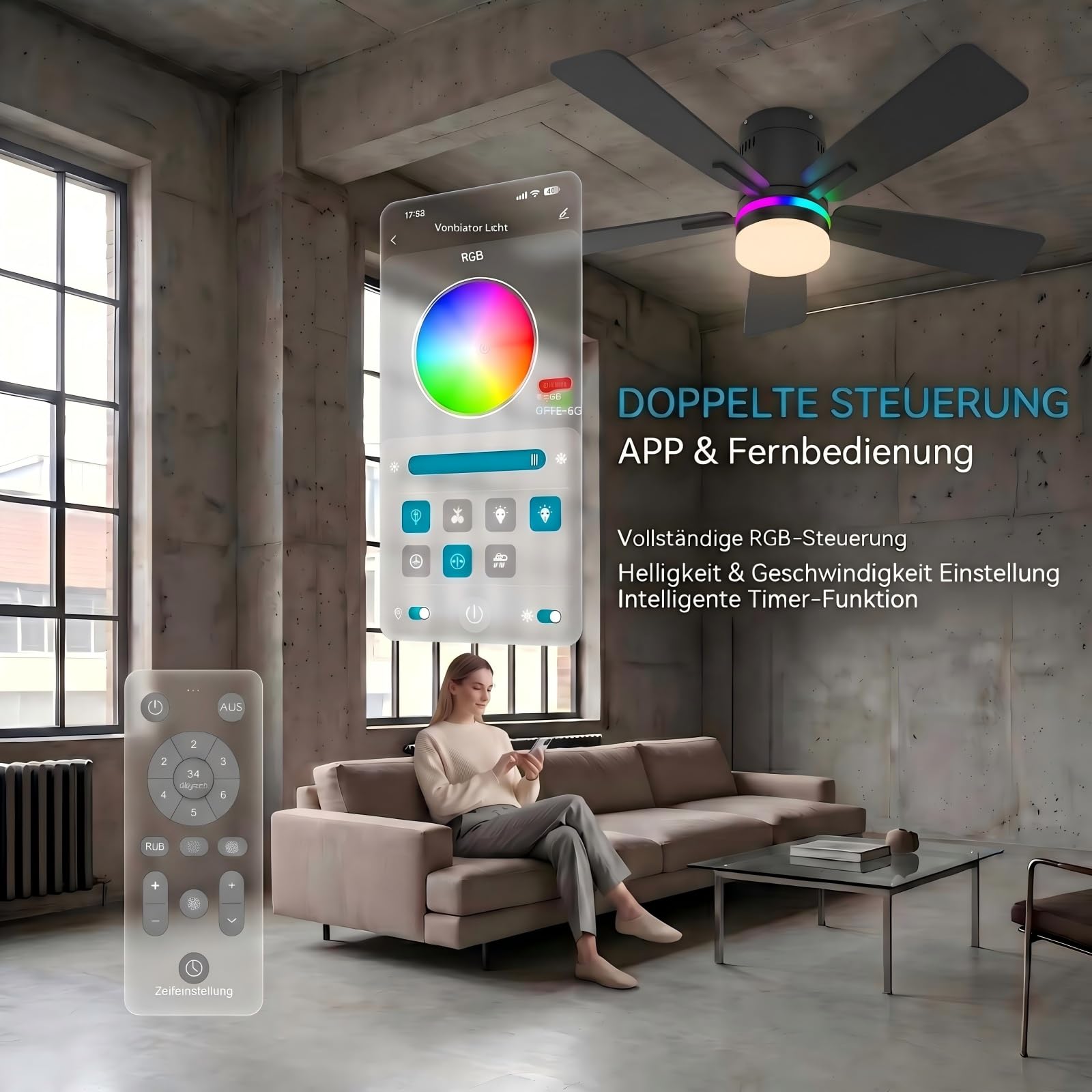 Deckenventilator mit RGB-Beleuchtung Schlafzimmer | Fernbedienung& App, 6 Stufen, Timer, 3CCT LED, Sommer-/Wintermodus, 5 Doppelseitige Flügel, Schwarz, für Wohn- & Schlafzimmer