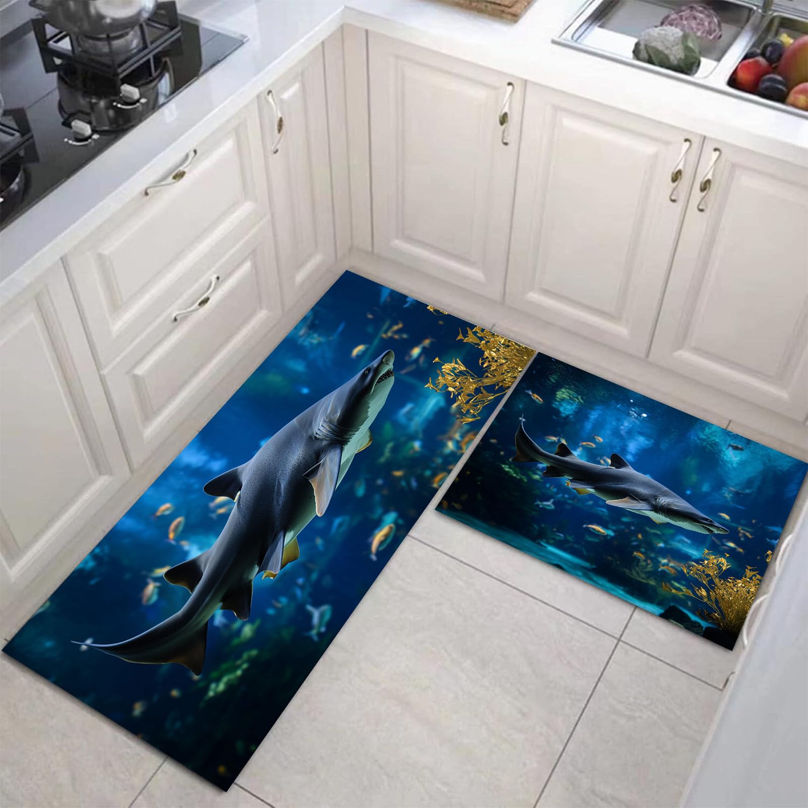 Alfombras de cocina de tiburón JEDTAKCT juego de 2 tapetes antideslizantes azul marino