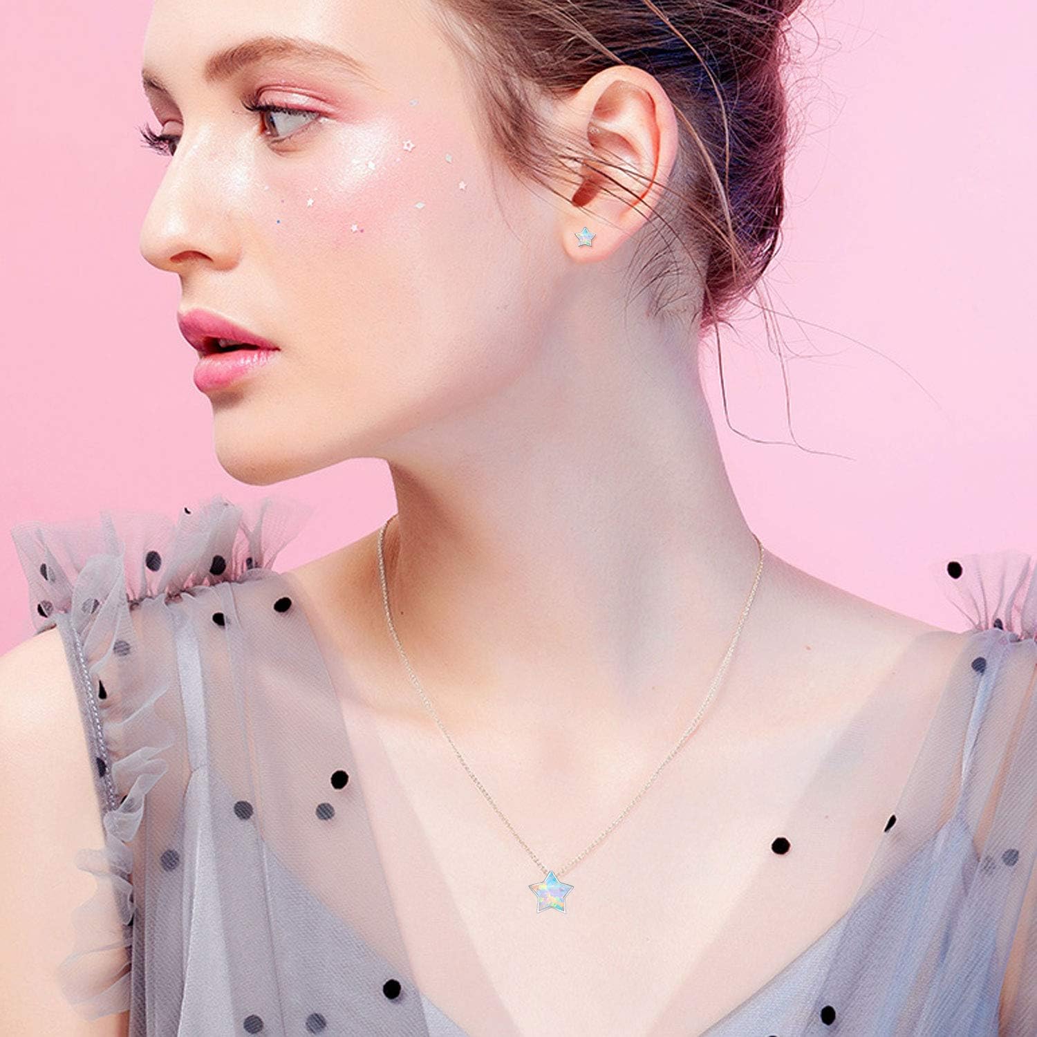 Opal Star Earrings Star Studs 925 Sterling Silver Synthetic Opal Earrings Hypoallergenic Earring Jewelry for Women Mom - Image 4