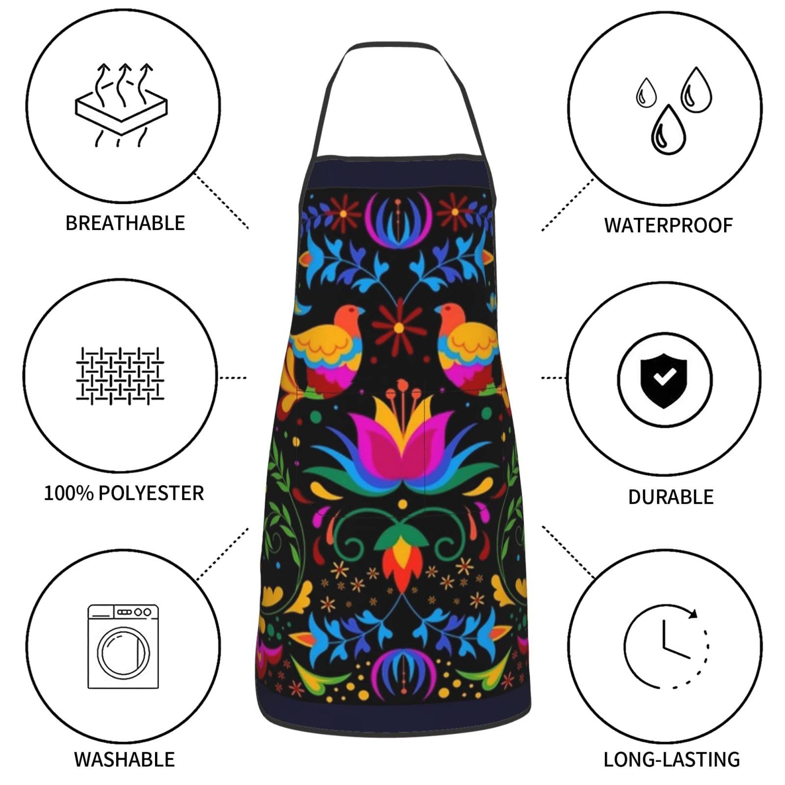 Mexican Floral Aprons, Waterproof Adjustable Apron for Kitchen Bbq with 2 Pockets, Gifts for Women Men