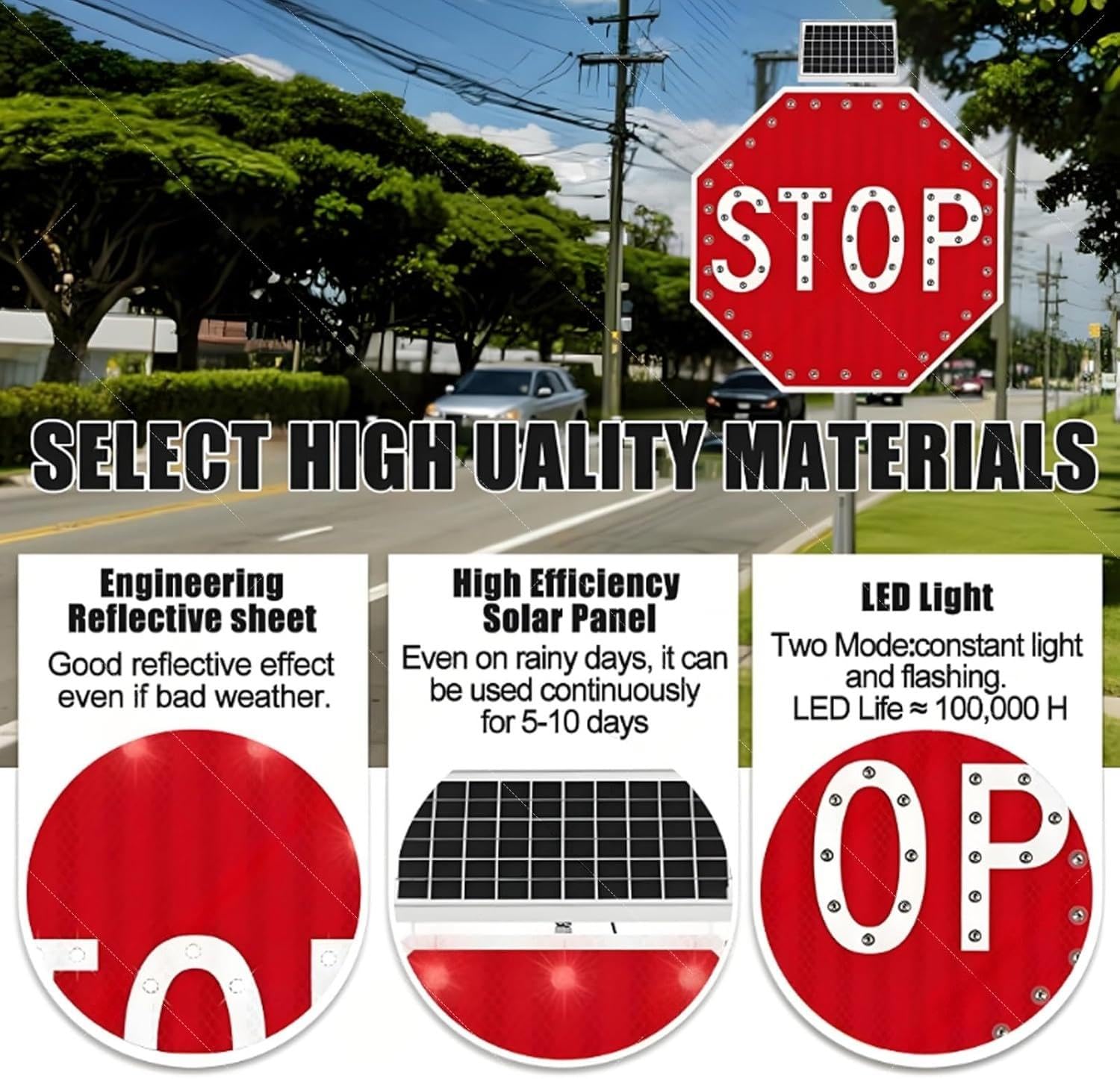 Señal de alto LED con energía solar, señal de tráfico reflectante de 61 cm con luces parpadeantes, señal de advertencia octogonal de aluminio duradero para seguridad vial