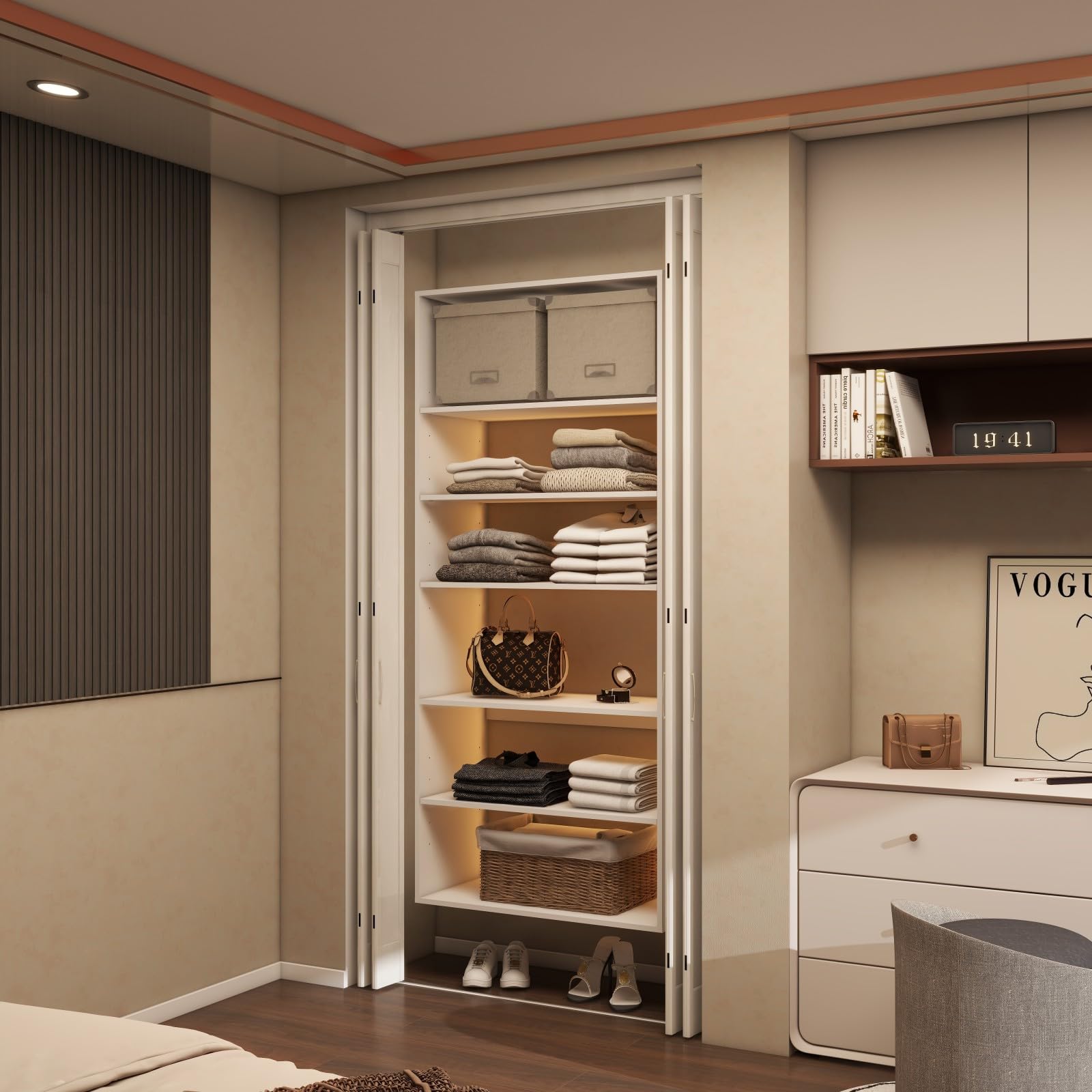 Keloyid Modular Wooden Closet System with Shelves Wall Mount Modern Shelving for Walk in Closet Bedroom Organization Built in Clothes Storage White 31.5'' x 15.75'' x 70.87''