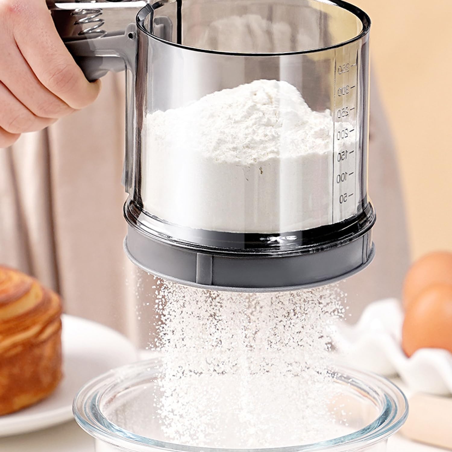3-Cup Flour Sifter, Sifter for Baking Straight Handle & Press Double-Layer Fine Mesh Filter - Food Grade Stainless Steel Suitable for All Baking Flour Powdered Sugar Almond Powder and Cocoa Powder