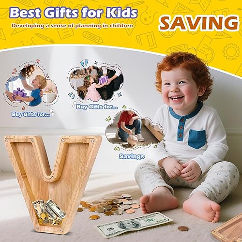 Miniatura 62 de Alcancía de madera con letras de madera, alcancía para niños y niñas, grande, 26 letras del alfabeto, banco de dinero personalizado con nombre