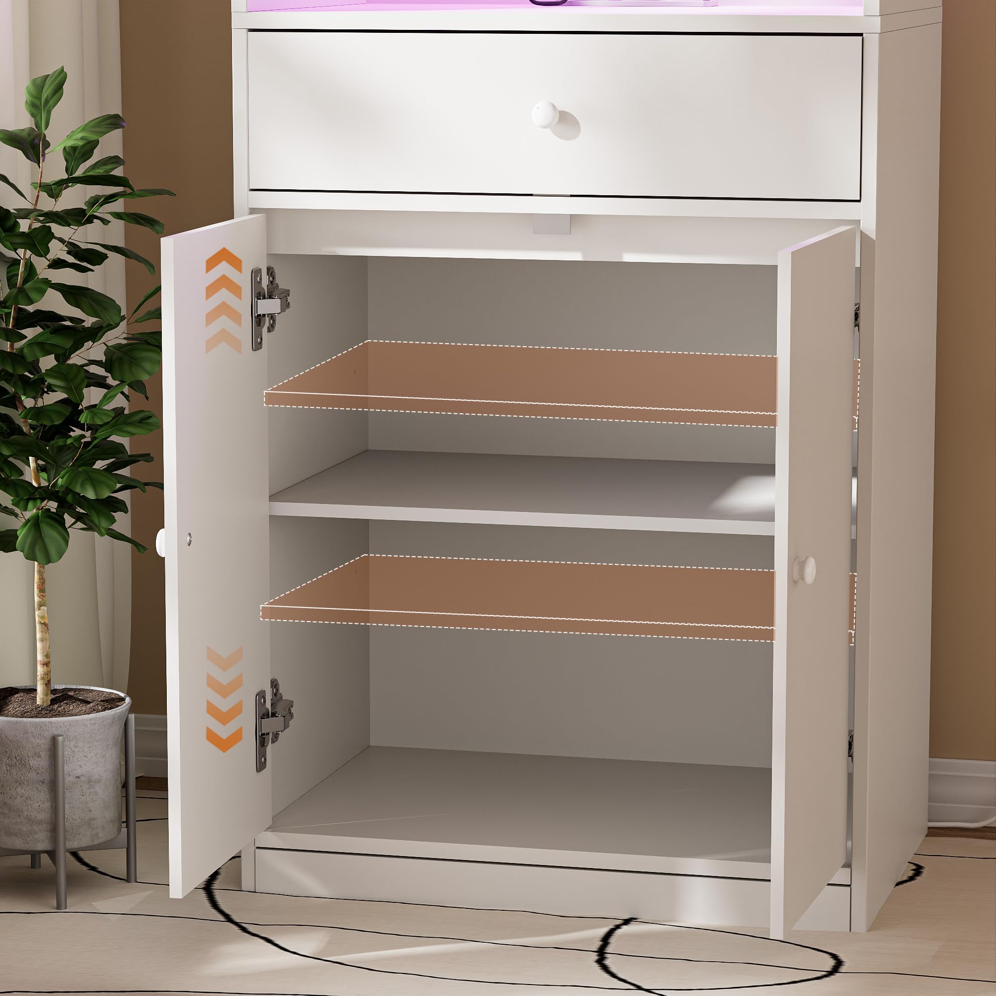 Küchen Möbel Küchenschrank Buffetschrank mit Steckdose und LED-Lichtleiste Küche Sideboard mit 1 Schubladen 1 Großer Schrank und Mikrowellenregal 60x 40x123 cm Anrichte für Esszimmer, Wohnzimmer Weiß