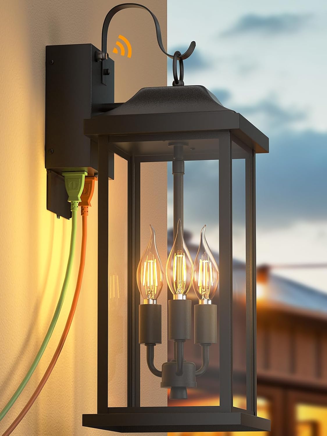 23 Inch GFCI Outlet Dusk to Dawn Outdoor Light for House, Photocell Exterior Lighting Fixture with Receptacles Extra Large Porch Light with Plug Matte Black Outdoor Wall Sconce Light Garage