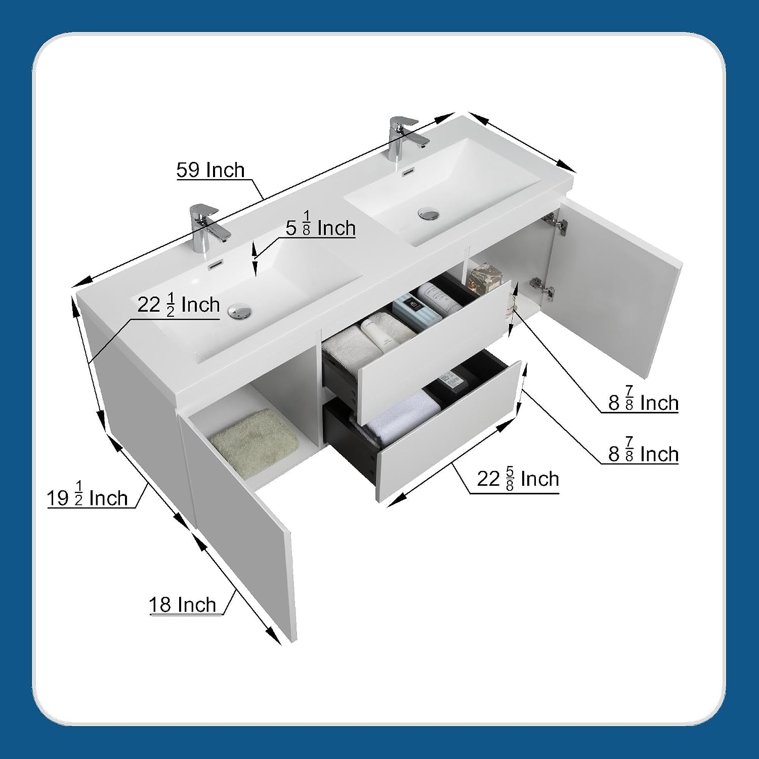 60 in wall mounted bathroom vanity with 2 resin engineered stone White sinks,2 doors with soft-close 90° hinges,2 drawers with hidden soft-close slides, Glossy White finish, excludes faucet & drainage