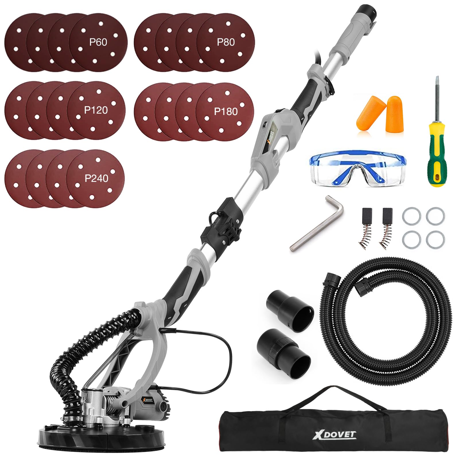 Levigatrice per muri, levigatrice elettrica da 800 W con 20 dischi, senza velocità fissa, regolabile liberamente da 800 a 1700 giri/min, manico telescopico, luce LED