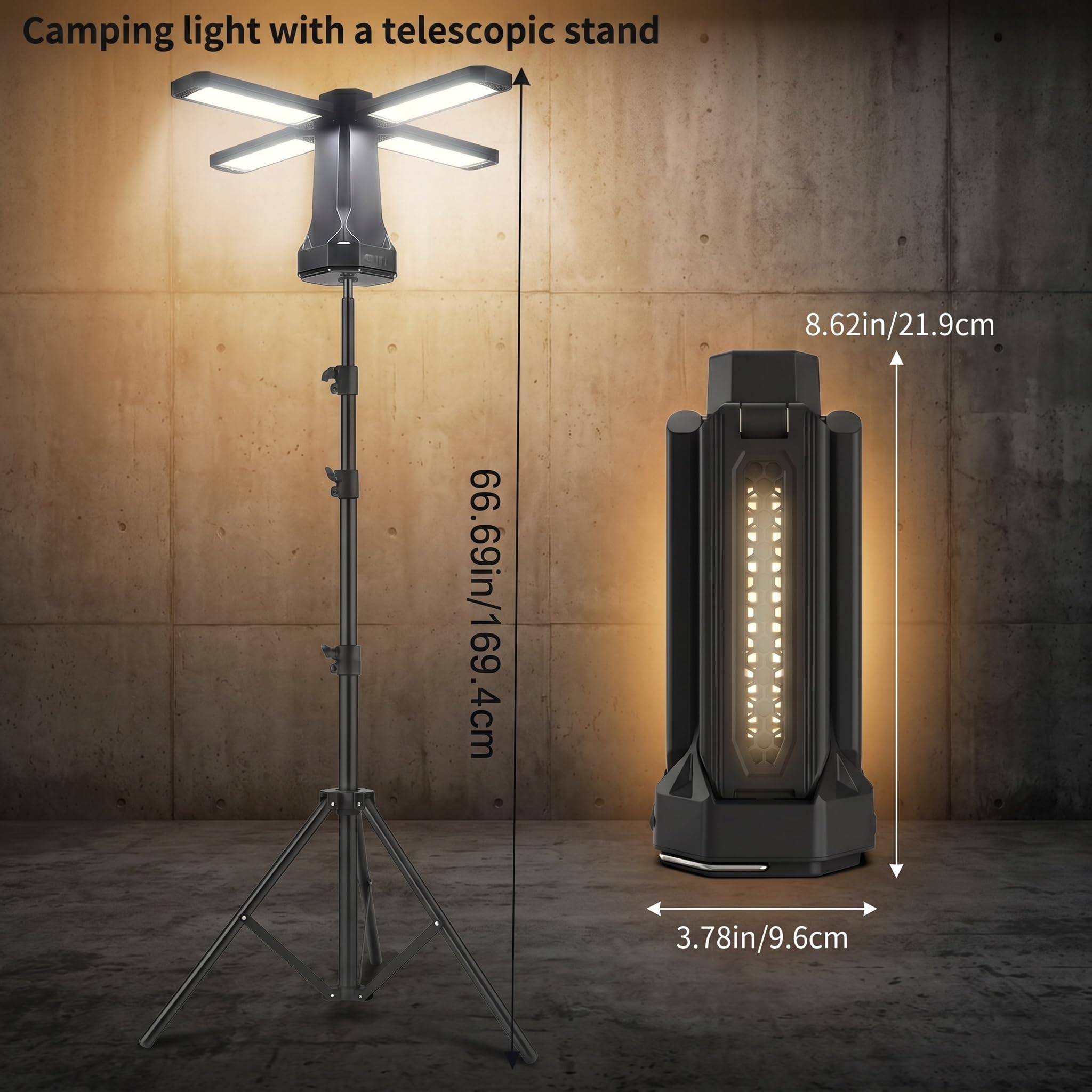 Luz de camping portátil con soporte, 20000 mAh, 63 pulgadas, recargable, linterna de campamento con bolsa para garaje, trabajo al aire libre, cortes de energía de emergencia