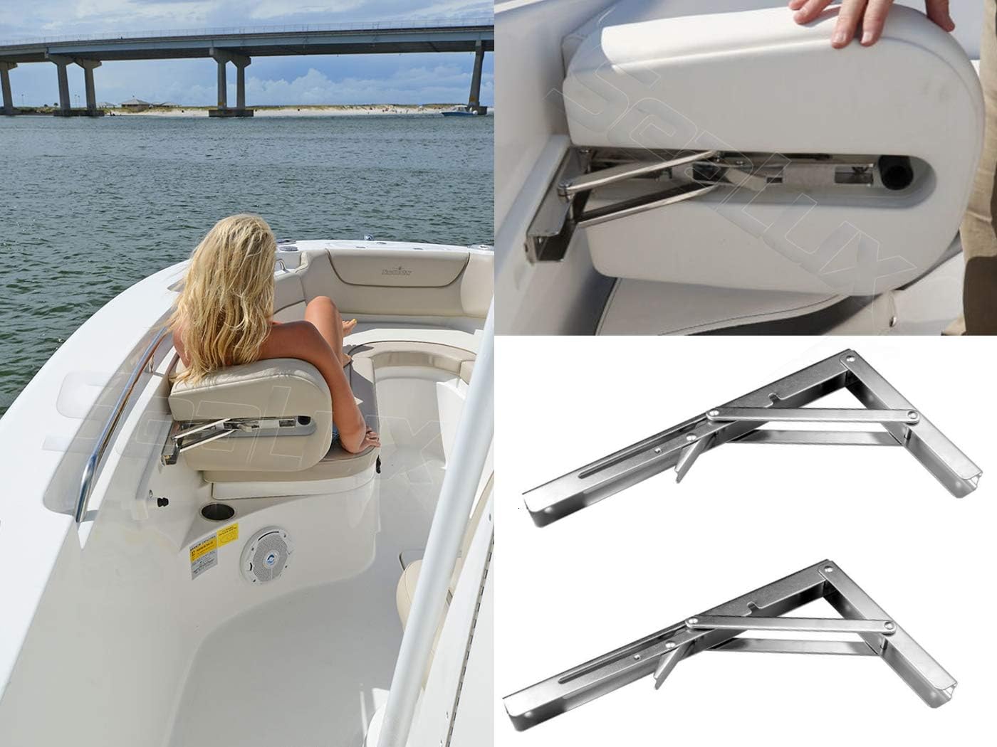 SeaLux Folding Brackets 12" Long Stainless Steel Shelf, Bench, Table Support 90 Degree with Short Release/Max. Bearing 330 lb (Sold as 2 pcs)