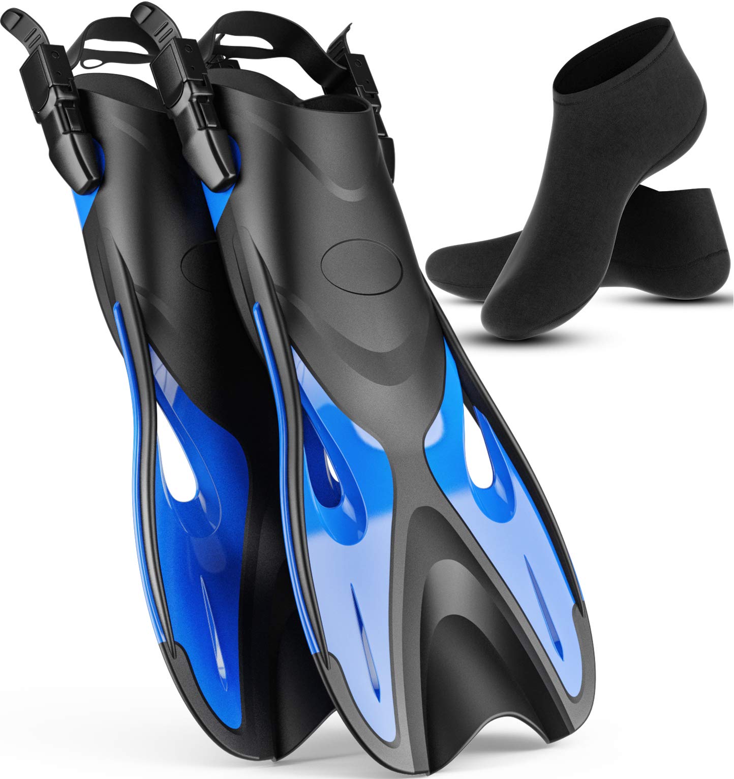 COZIA DESIGN Adjustable Swim Fins - Snorkel Fins for Lap Swimming, Travel Size Scuba Diving Flippers for Snorkel Set Adult, Neoprene Water Socks Included (Large)