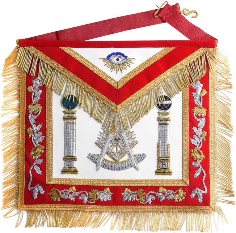 BRICKS MASONS Past Master Blue Lodge California Regulation Apron - Red & Gold Hand Embroidery Bullion With Pillars