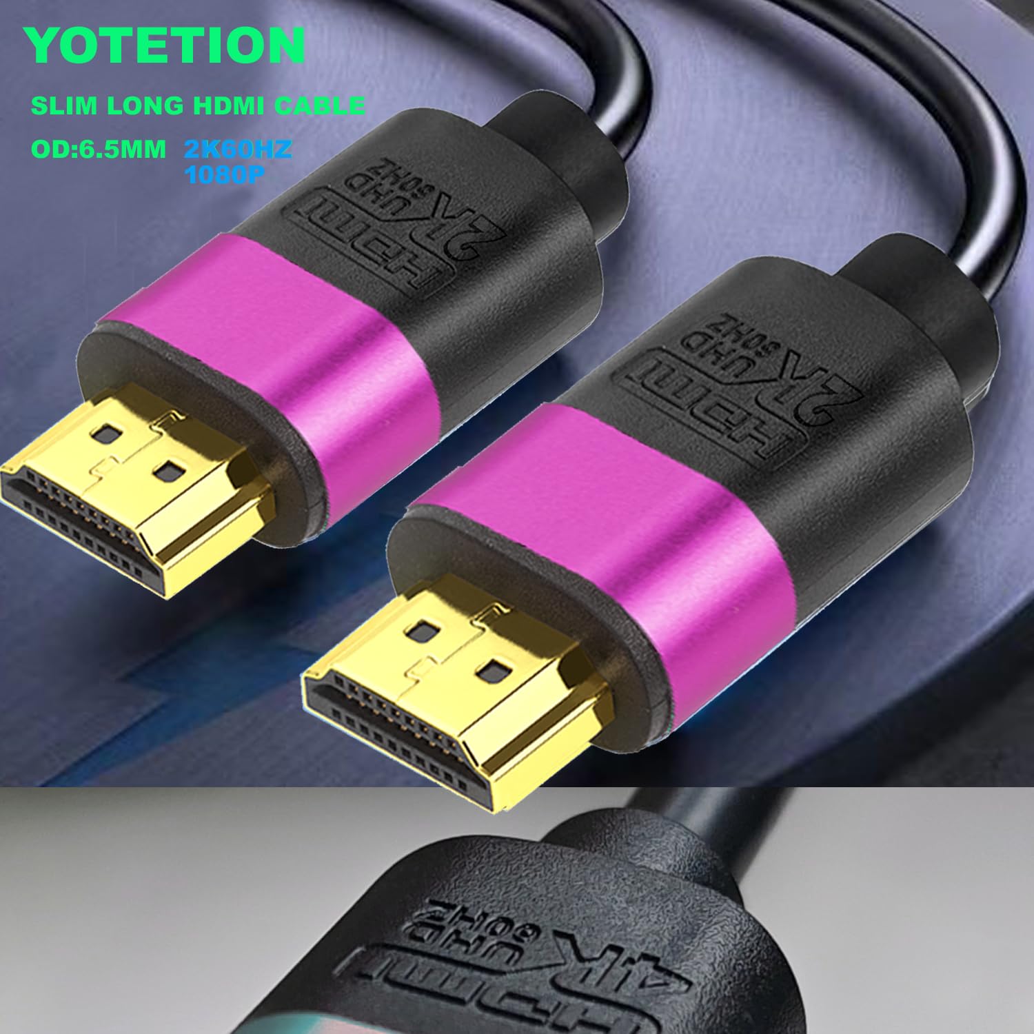 Cable HDMI de 80 pies, cable HDMI largo de alta velocidad, conector dorado (morado) 2K @60Hz 1080P DTS:X, HDCP 2.2 y 2.3, HDR 10 compatible con Roku TV/PS5/HDTV/Blu-ray