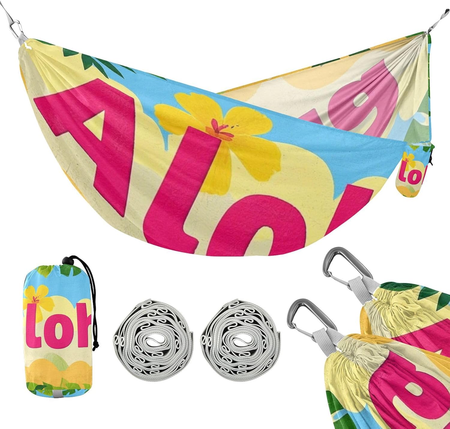Letters Tropical Style Green Leaves Camping Hammocks with Portabl Carry Bag Portable Hammock for Indoor Outdoor Patio