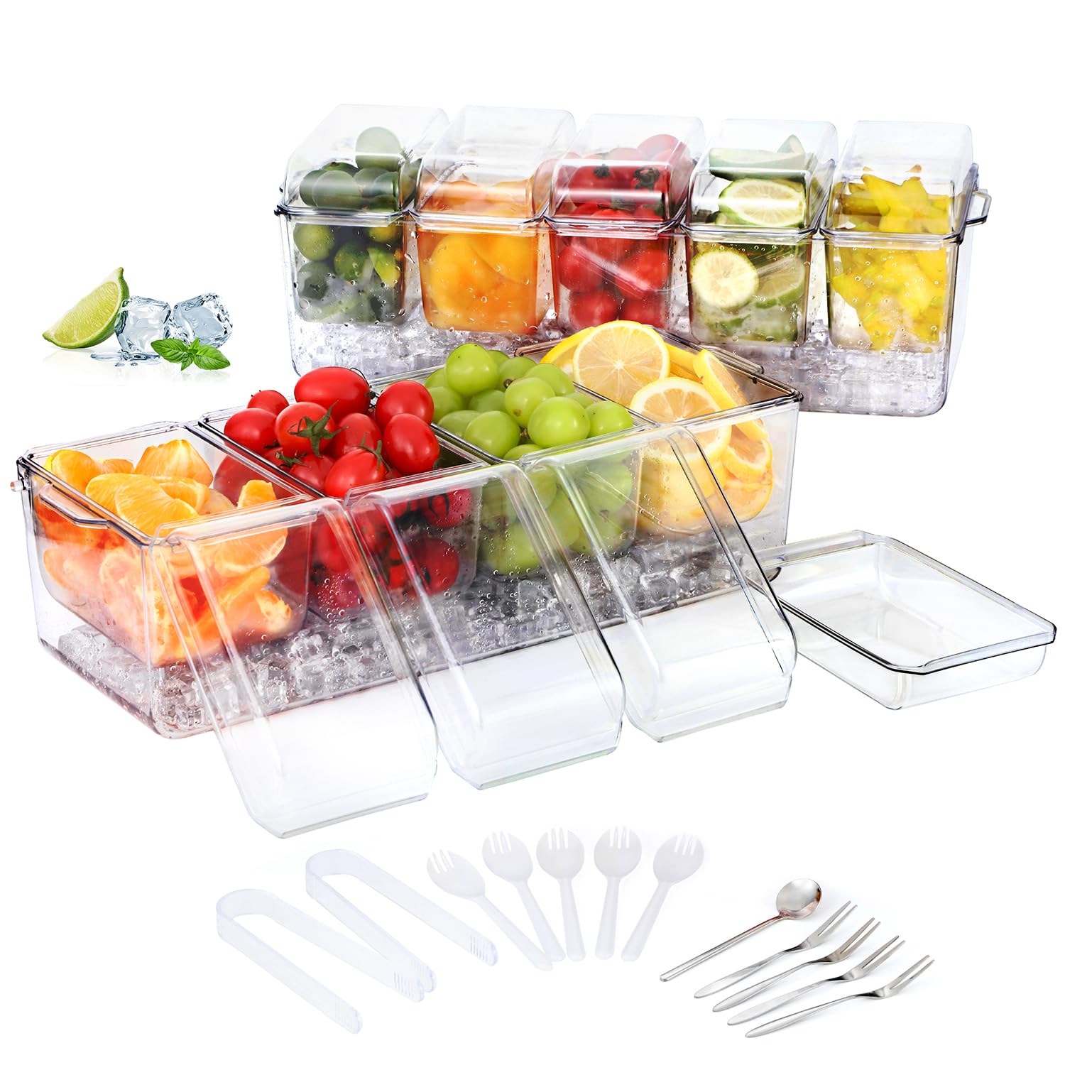 Paquete doble premium de condimentos refrigerados con hielo con 4 y 5 compartimentos, incluye 4 tenedores de acero inoxidable 304, bandeja para servir sin BPA para fiestas, barbacoas,