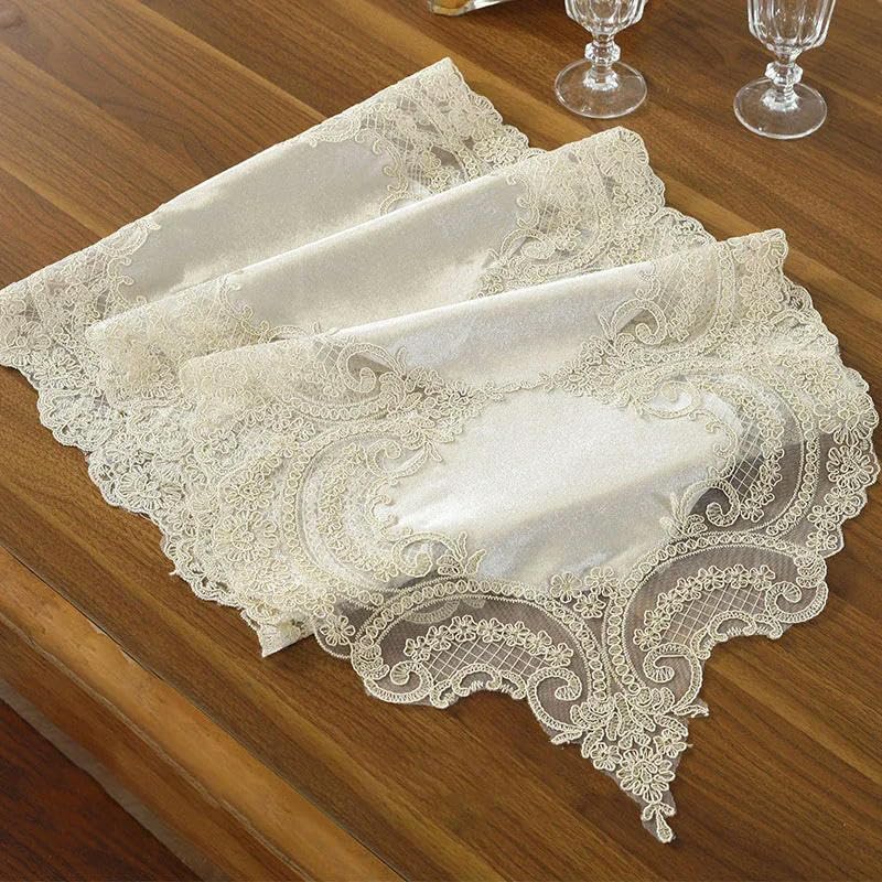 Chemin de table Runne en mousseline de soie - Chemin de table en dentelle pelucheuse - Nappe pour meuble TV - Tissu brodé - Drapeau de table basse - Décoration de mariage - Blanc
