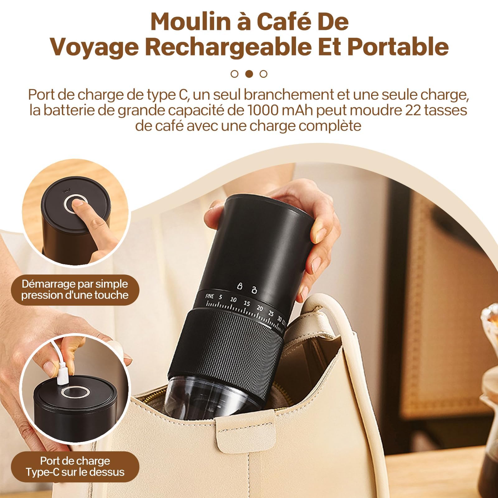 Moulin à Café, Moulin A Cafe Electrique, 30 RéGlages, Moulin à Café Sans Fil Rechargeable Avec Meule Conique En CéRamique Et Brosse De Nettoyage Broyeur Cafe Grain, Pour Le Voyage Et Le Camping
