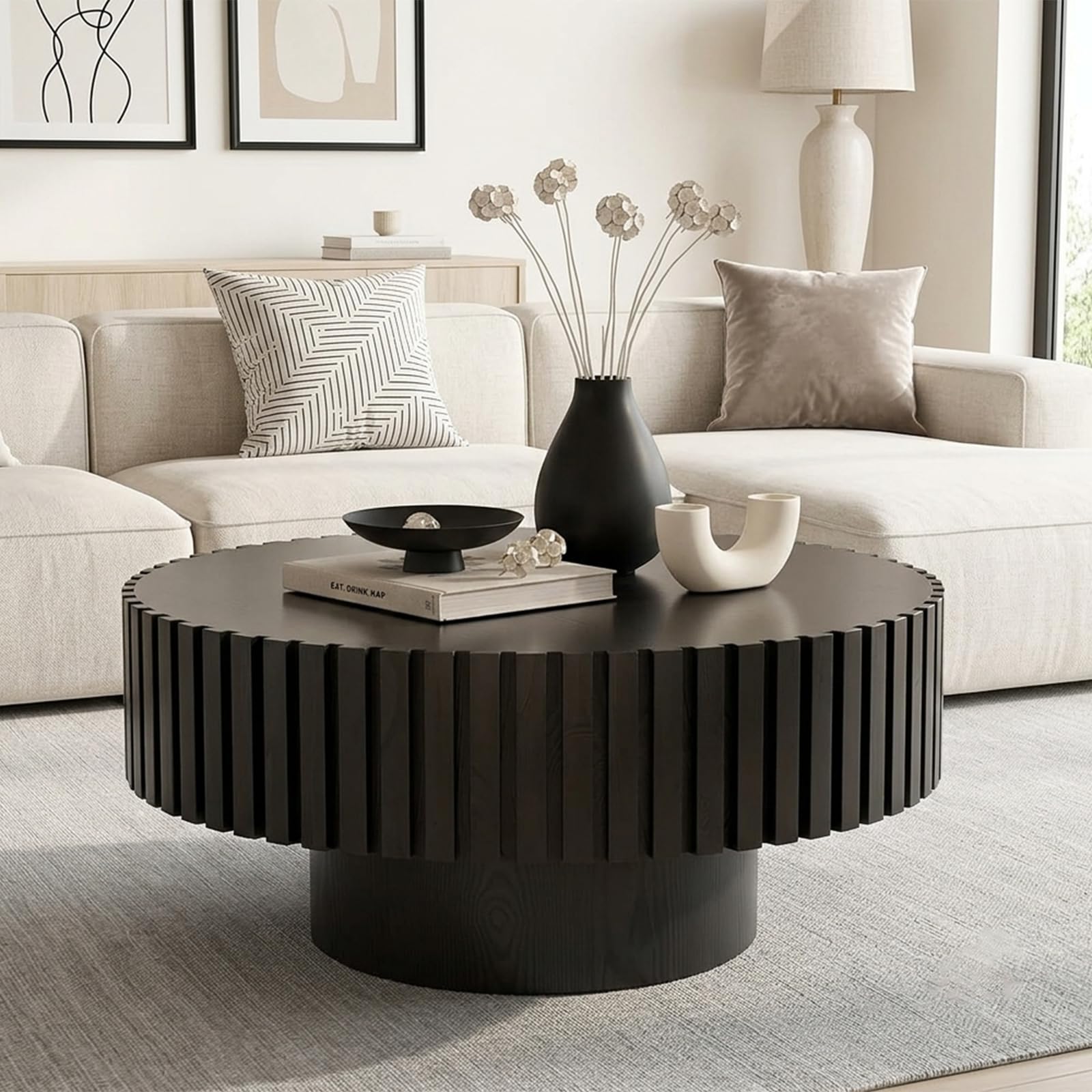 TYONGCOFF Fluted Round Coffee Table, Modern Wood Drum Coffee Table