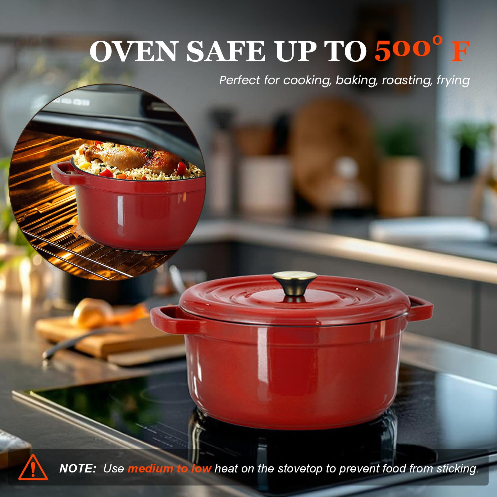 Overmont Cocotte en fonte émaillée – Casserole de 4,7 l avec couvercle – Livre de cuisine et maniques en coton – Batterie de cuisine robuste pour braiser, ragoûts, rôtir, cuire du pain, rouge