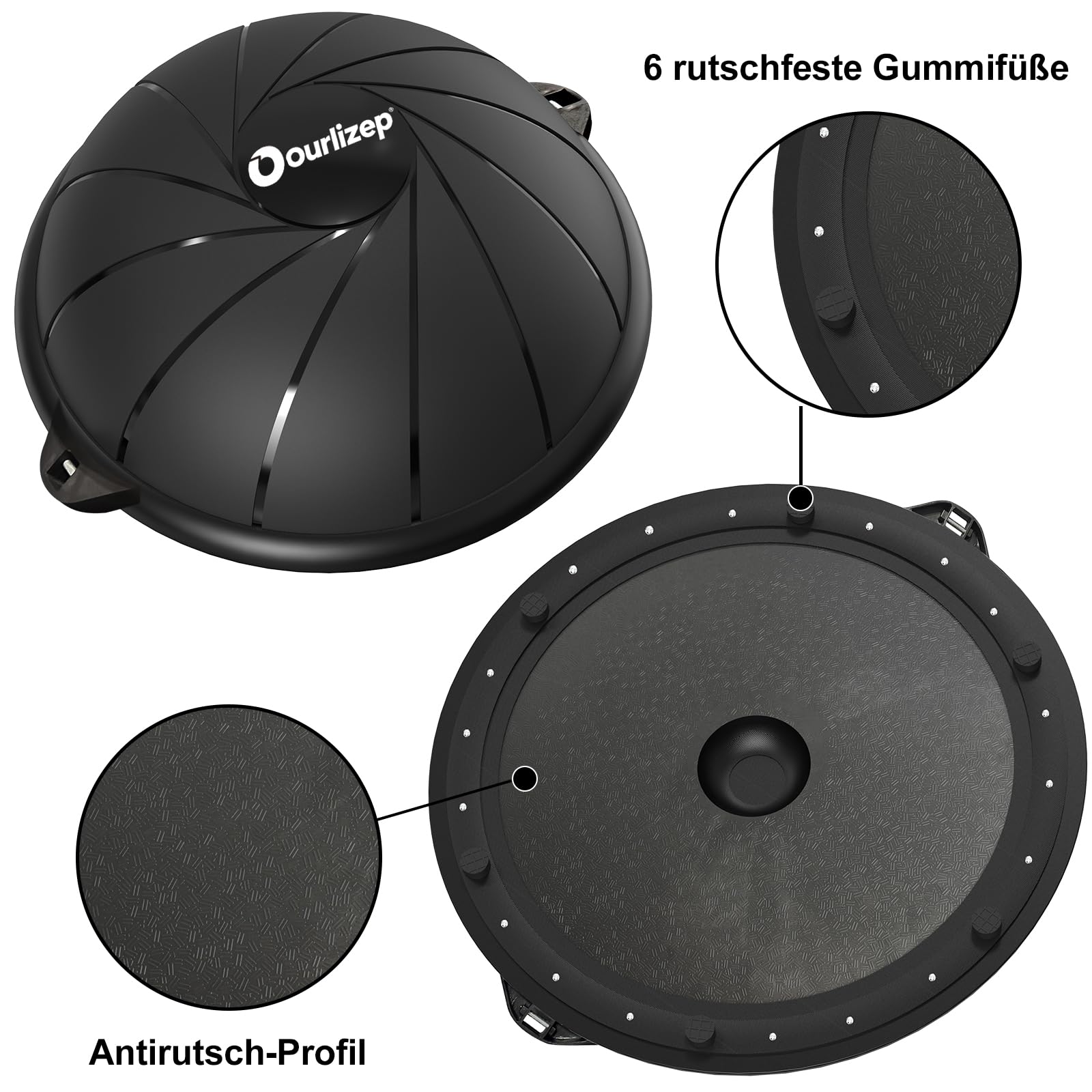 Ourizep Balance Ball bis 300 kg | Trainingsball | Halbkugel mit Expander und Pumpe | rutschfest | Yoga Ball für Krafttraining | 60 cm