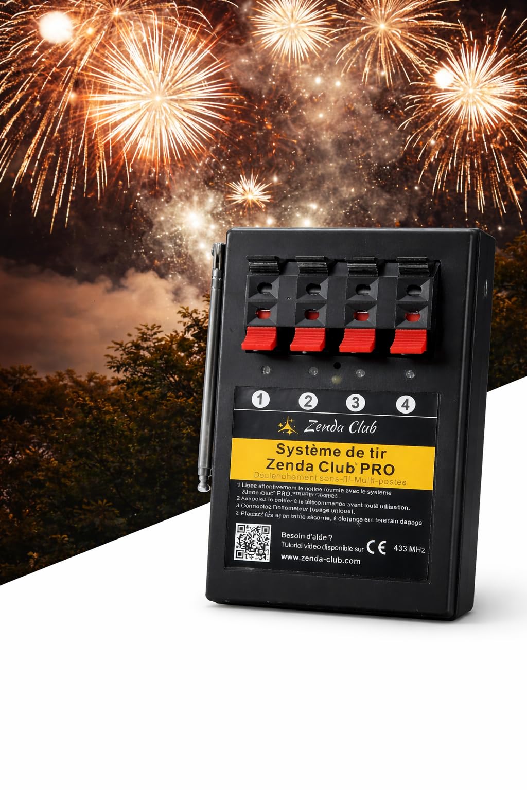 zenda club® Accenditore Fuochi d'artificio senza fili a 4 vie + 2 telecomandi – Sistema elettronico pirotecnico con controller – Attrezzature professionali per tiro sicuro di fuochi d'artificio