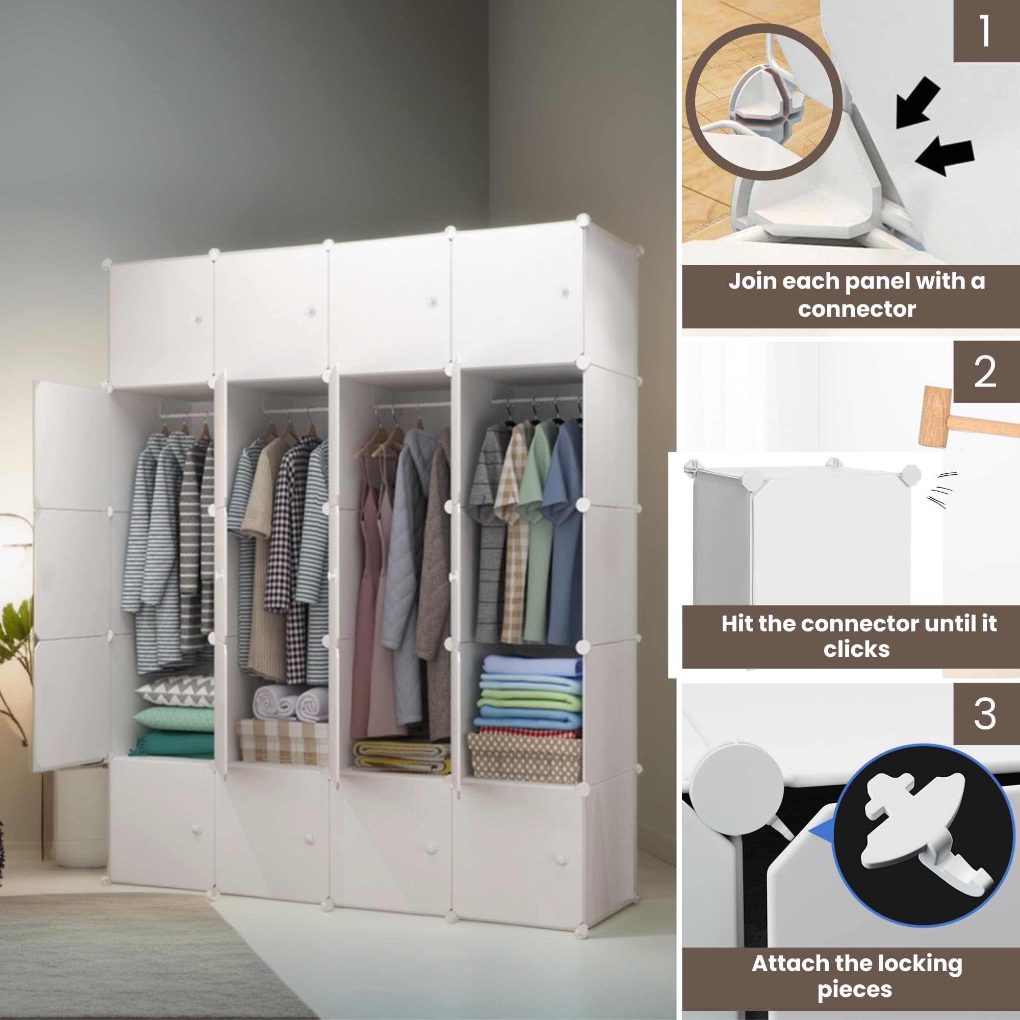 MAGIC SELECT Armadio modulare, Scaffalatura Modulare, Armadio Organizzatore Modulare per Abiti per la Casa, Ripiano Portaoggetti per Camera da Letto, 20 Moduli, 4 Barre, 175x140 cm, Bianco