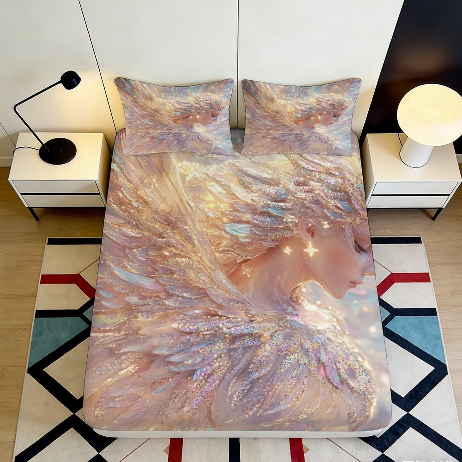 3D Printed Fantasy Angel Wings Fitted Sheet Microfiber Soft Mattress Cover Glitter Decor for Bedroom Dorm Home, Anti-Slip Easy Care, 100-120 chars 120x200x25cm