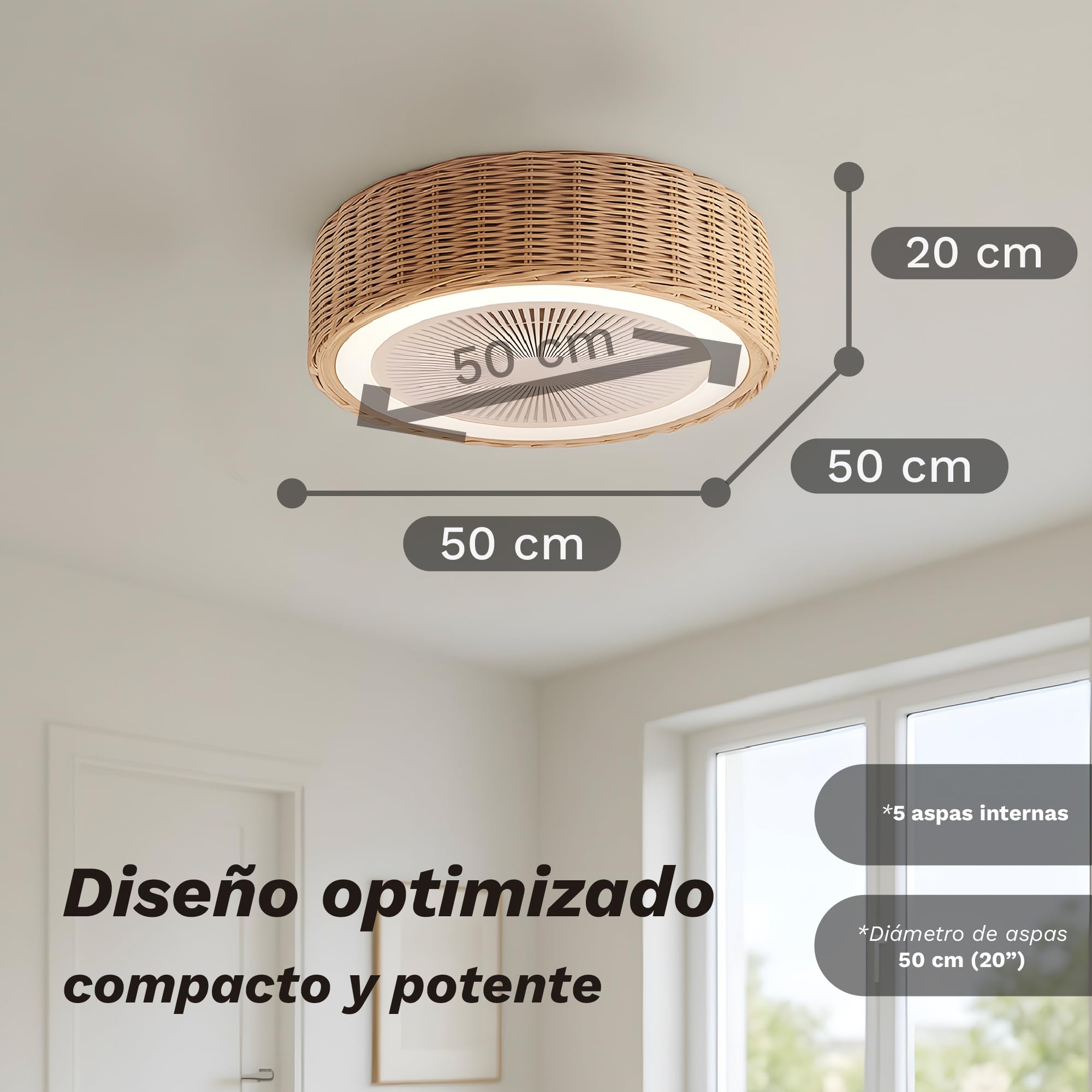 Grunkel Ventilador de Techo SKYWIND-20M con Luz LED, 50 cm, 6 Velocidades, Mando a Distancia, Diseño Ratán, Blanco