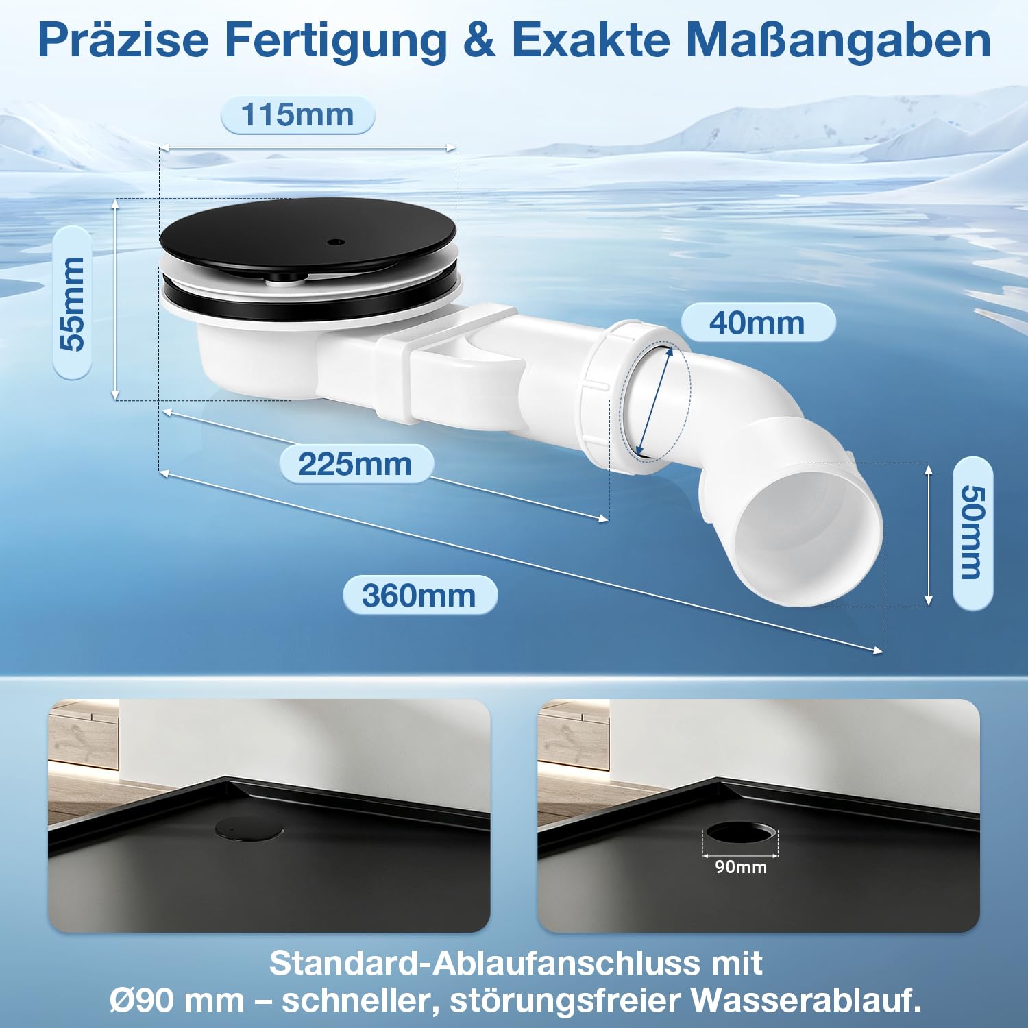 Bonde de douche Ø 90 mm noir mat pour receveur de douche en ABS
