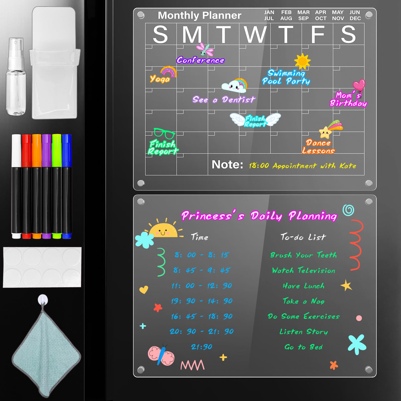 Magnetic Acrylic Fridge Calendar 2 Pack 16"X12" Clear Calendar for Refrigerator Dry Erase Magnetic Planning Boards Set Includes 6 Colorful Markers Magnetic Markers Holder with Erase Towel