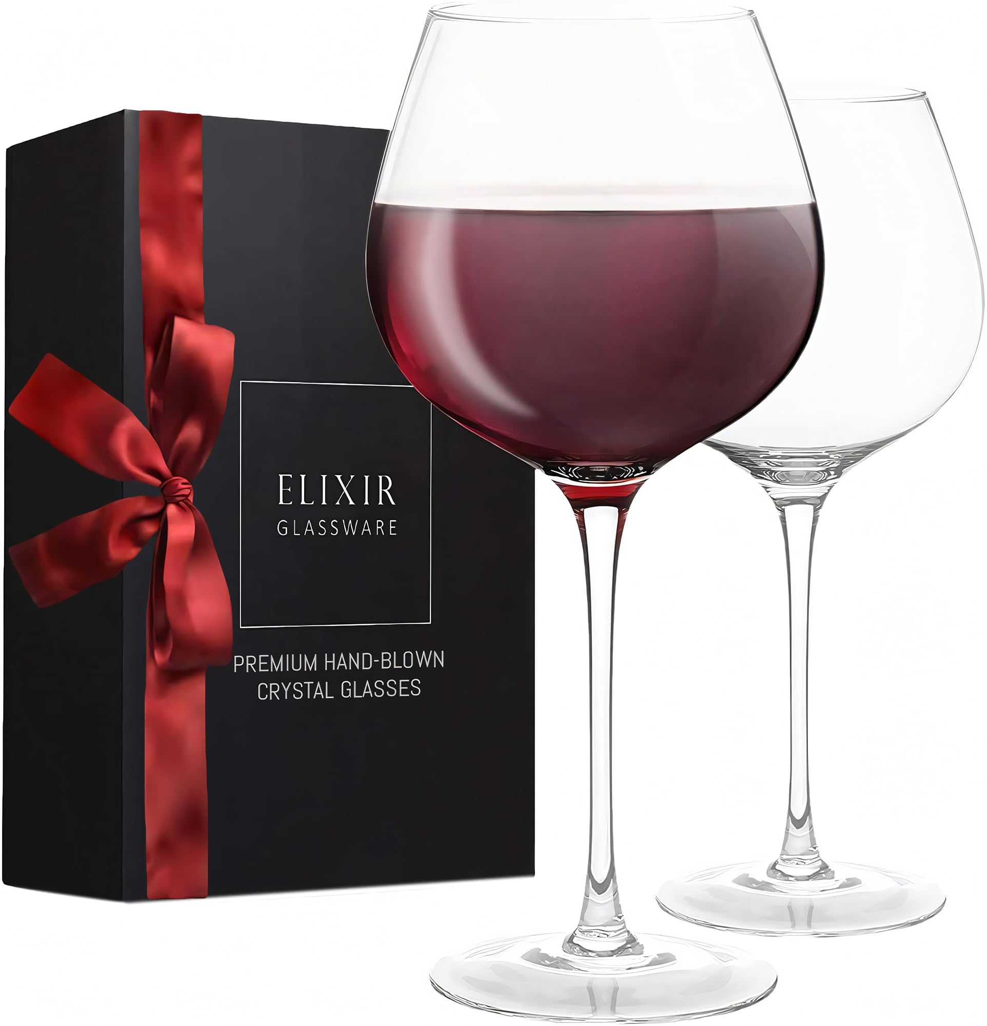 ELIXIR GLASSWARE Red Wine Glass Set of 2-22 oz Large Hand Blown Long Stem Crystal Glasses - Housewarming Gifts for Women and Men