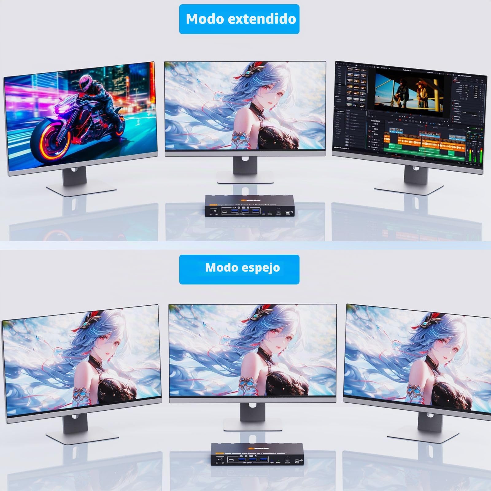 Triple Monitor KVM Switch 1 Laptop 1 Desktop, USB 3.1 KVM Switch 2 PC 3 Monitores USB-C HDMI DP Comparten 4 USB ports, 100W PD, 4K@60Hz, MST, Wired Remote(4K USBC DP HD 2 in 3 out)